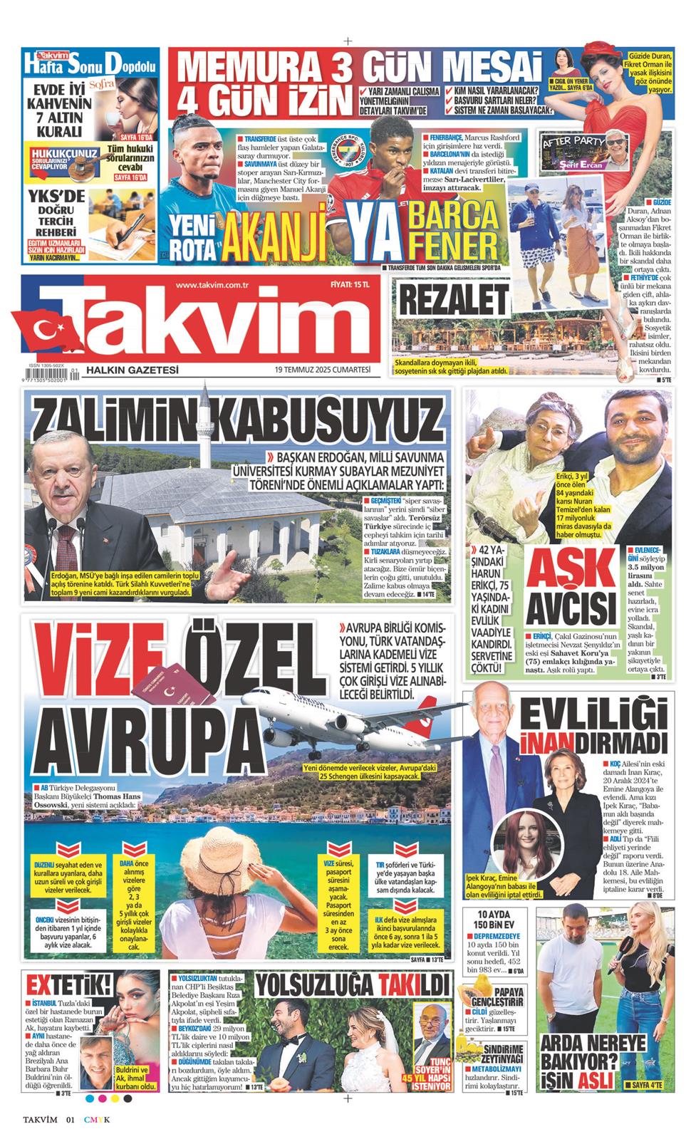 19 Temmuz 2025 Cumartesi - Takvim gazetesi manşet