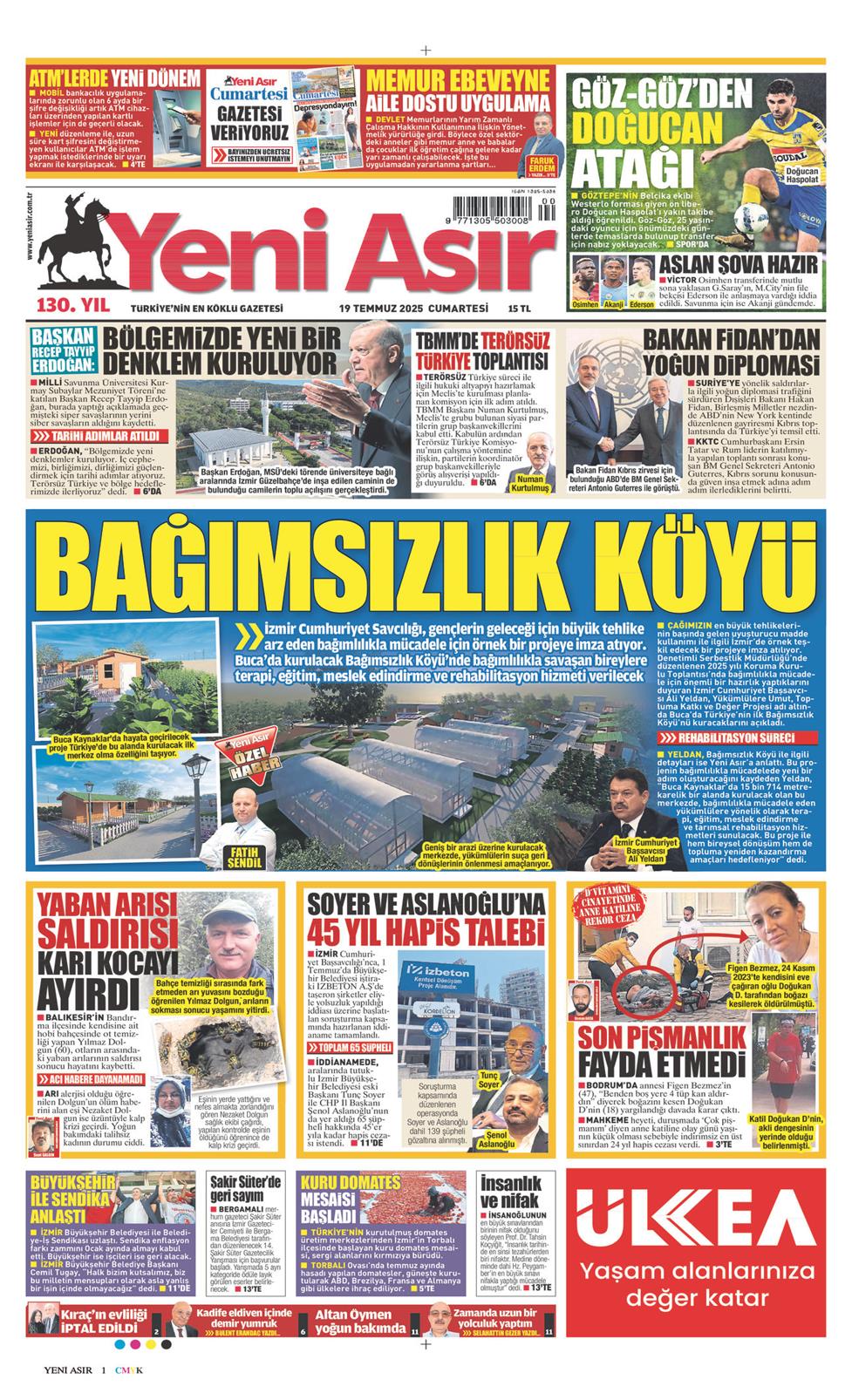 19 Temmuz 2025 Cumartesi - Yeni Asır gazetesi manşet