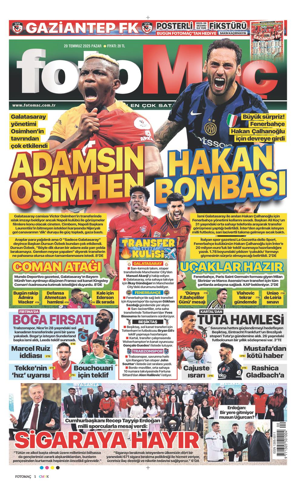 20 Temmuz 2025 Pazar - Fotomaç gazetesi manşet