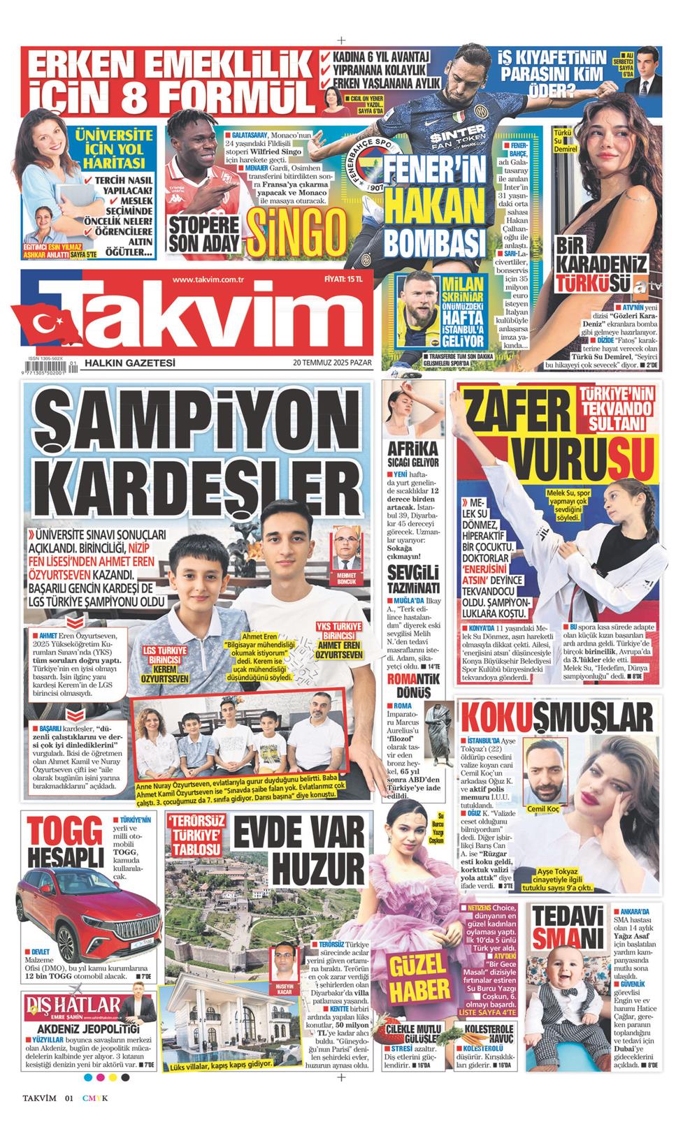 20 Temmuz 2025 Pazar - Takvim gazetesi manşet