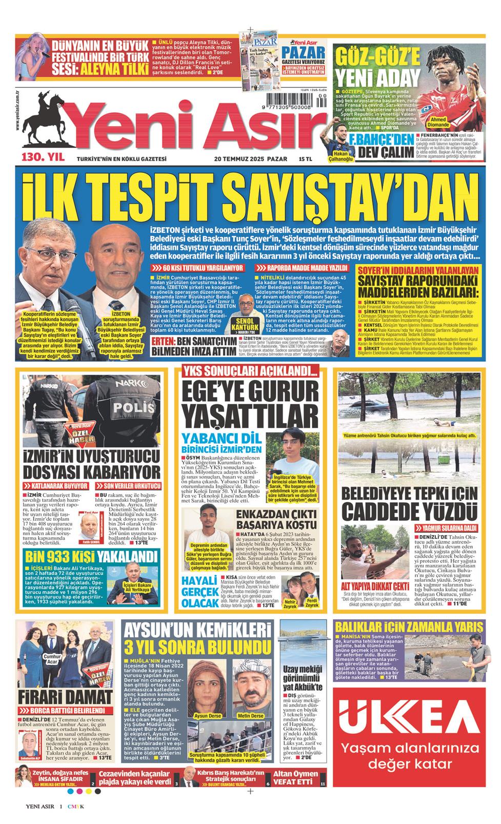 20 Temmuz 2025 Pazar - Yeni Asır gazetesi manşet