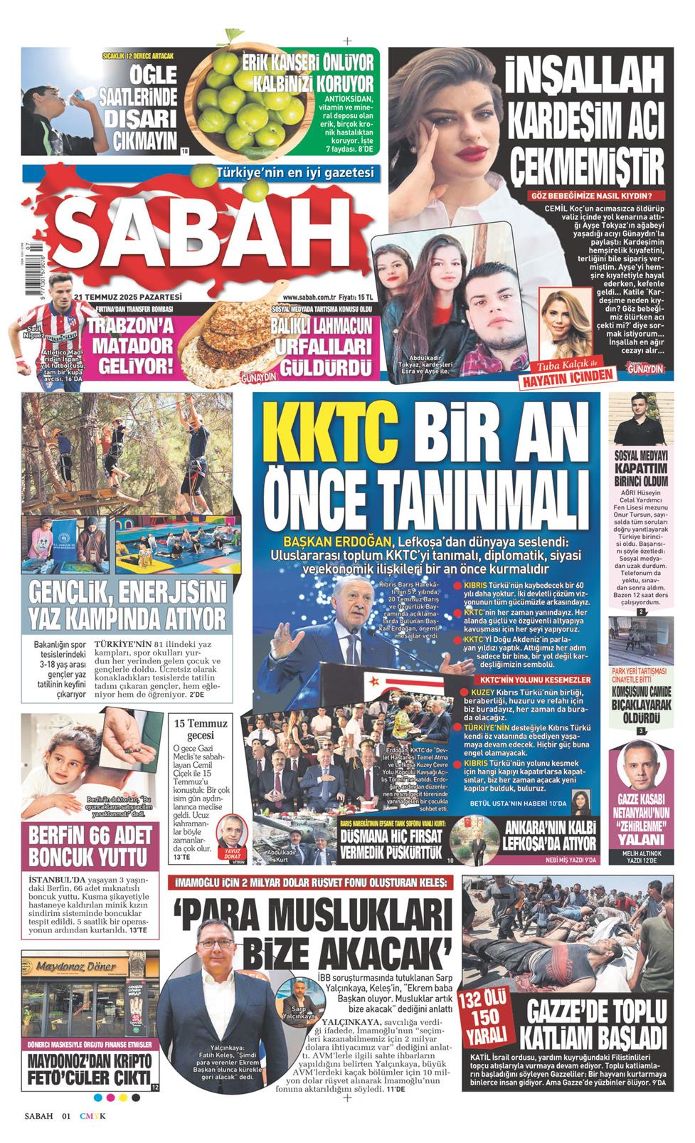 21 Temmuz 2025 Pazartesi - Sabah gazetesi manşet
