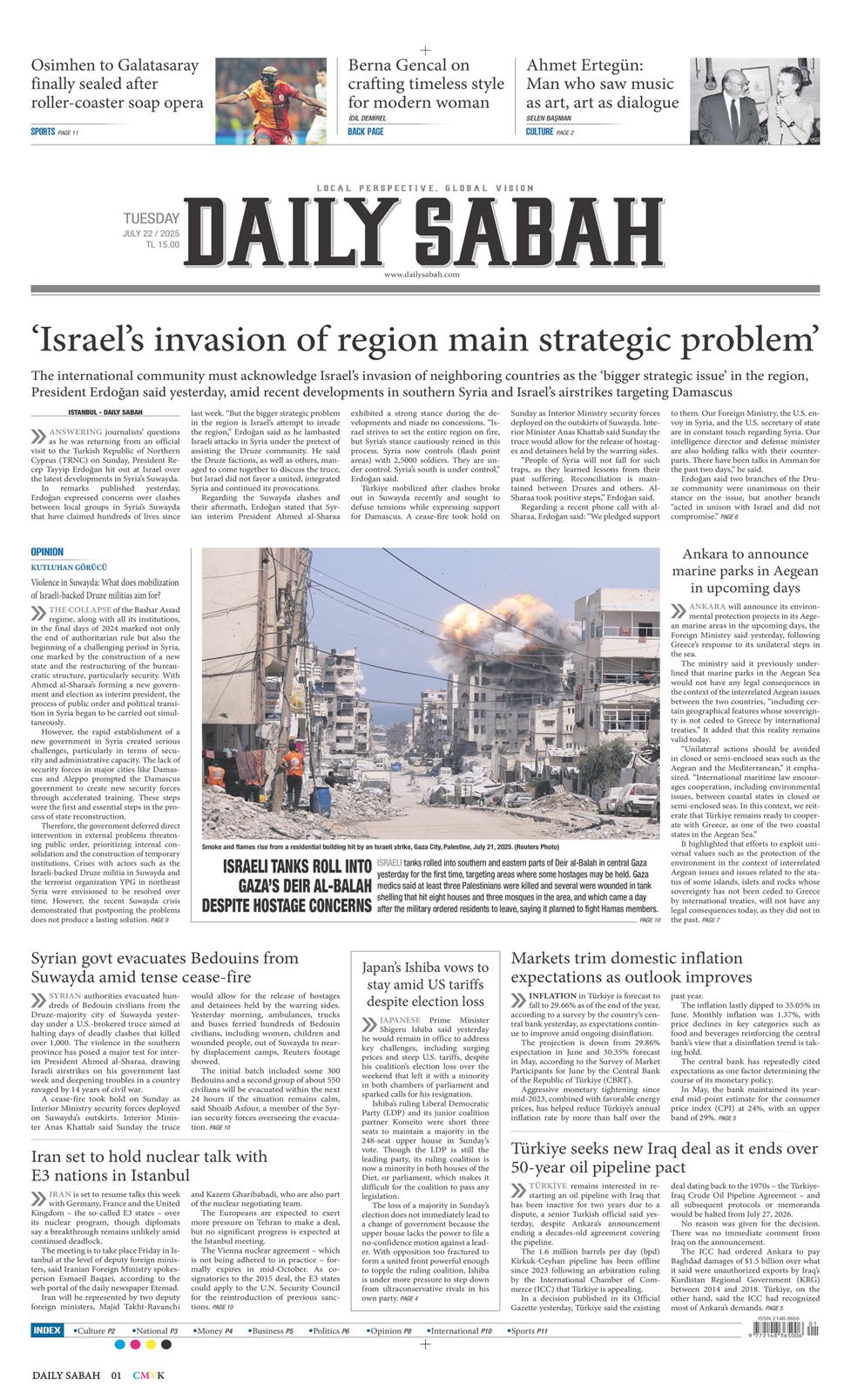 22 Temmuz 2025 Salı - Daily Sabah gazetesi manşet