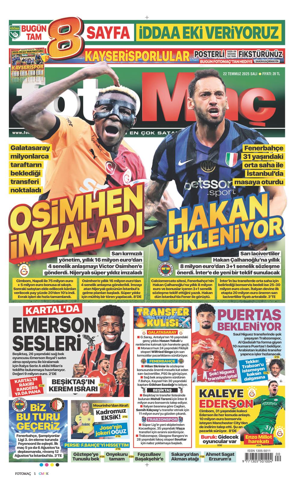22 Temmuz 2025 Salı - Fotomaç gazetesi manşet