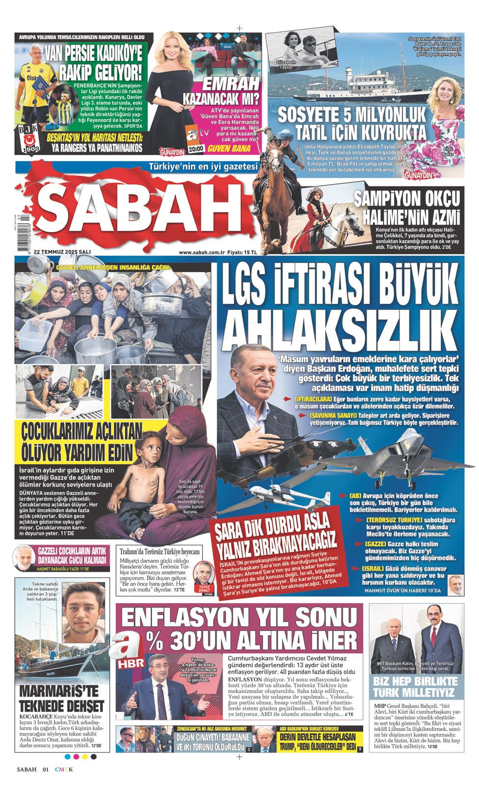 22 Temmuz 2025 Salı - Sabah gazetesi manşet