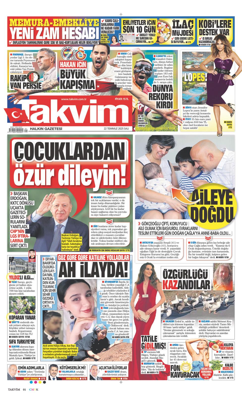 22 Temmuz 2025 Salı - Takvim gazetesi manşet