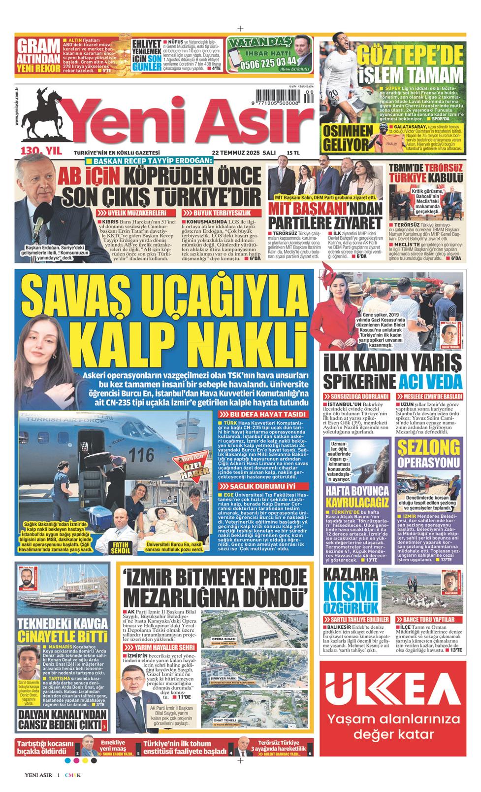 22 Temmuz 2025 Salı - Yeni Asır gazetesi manşet