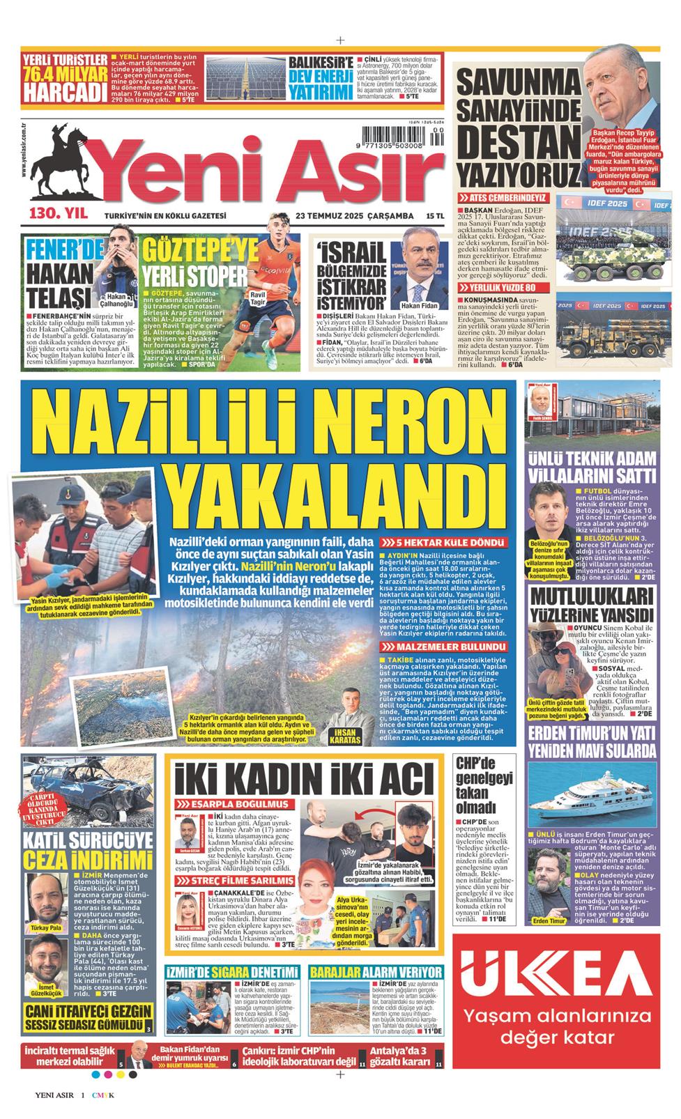 23 Temmuz 2025 Çarşamba - Yeni Asır gazetesi manşet