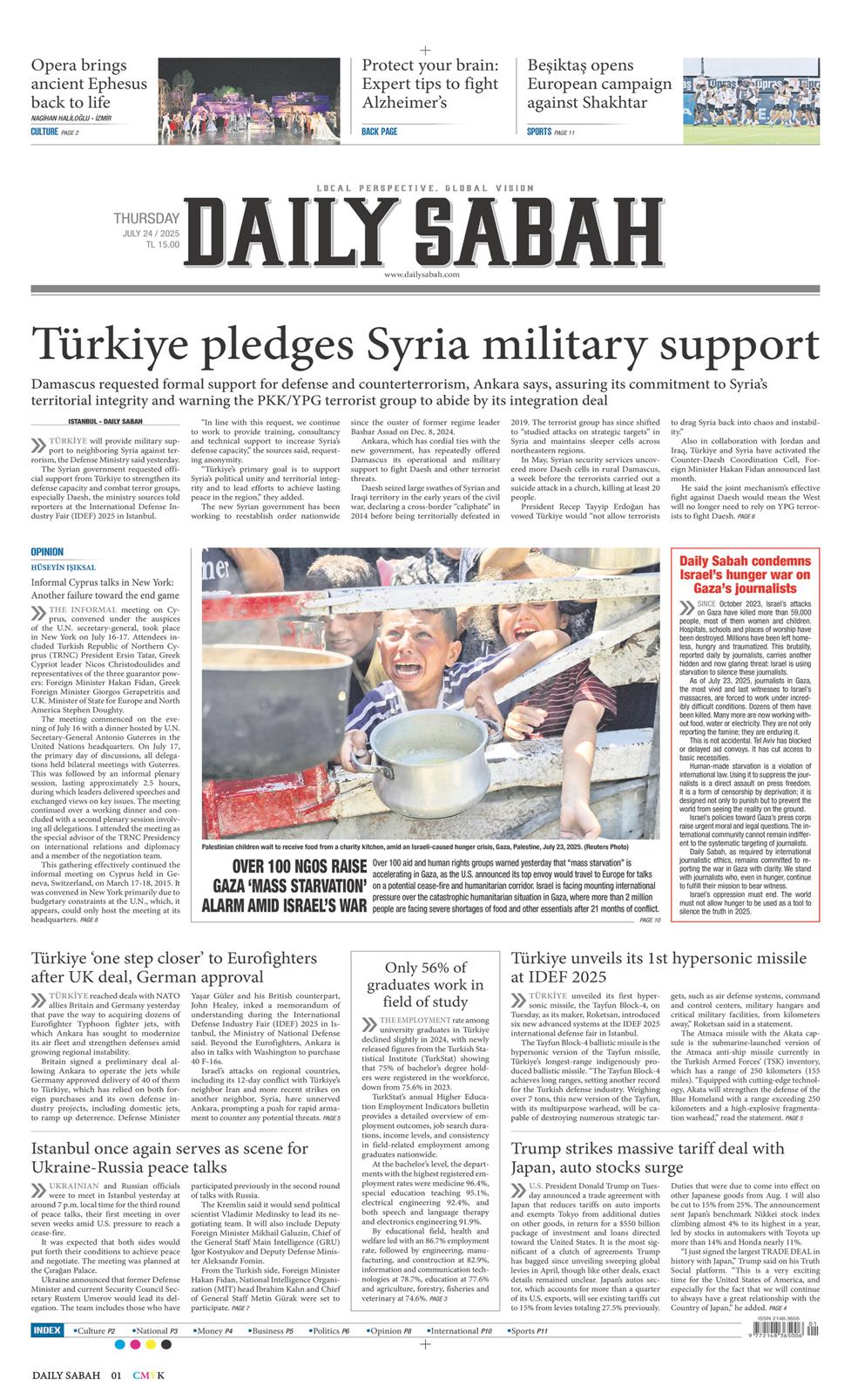 24 Temmuz 2025 Perşembe - Daily Sabah gazetesi manşet