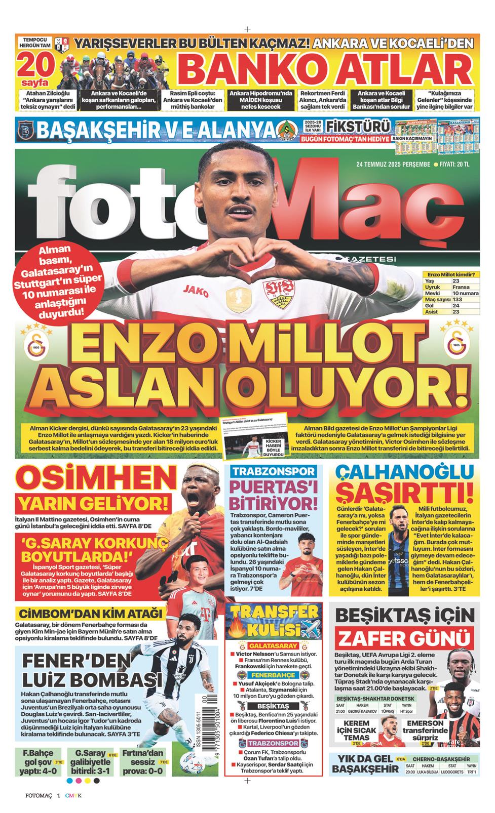24 Temmuz 2025 Perşembe - Fotomaç gazetesi manşet