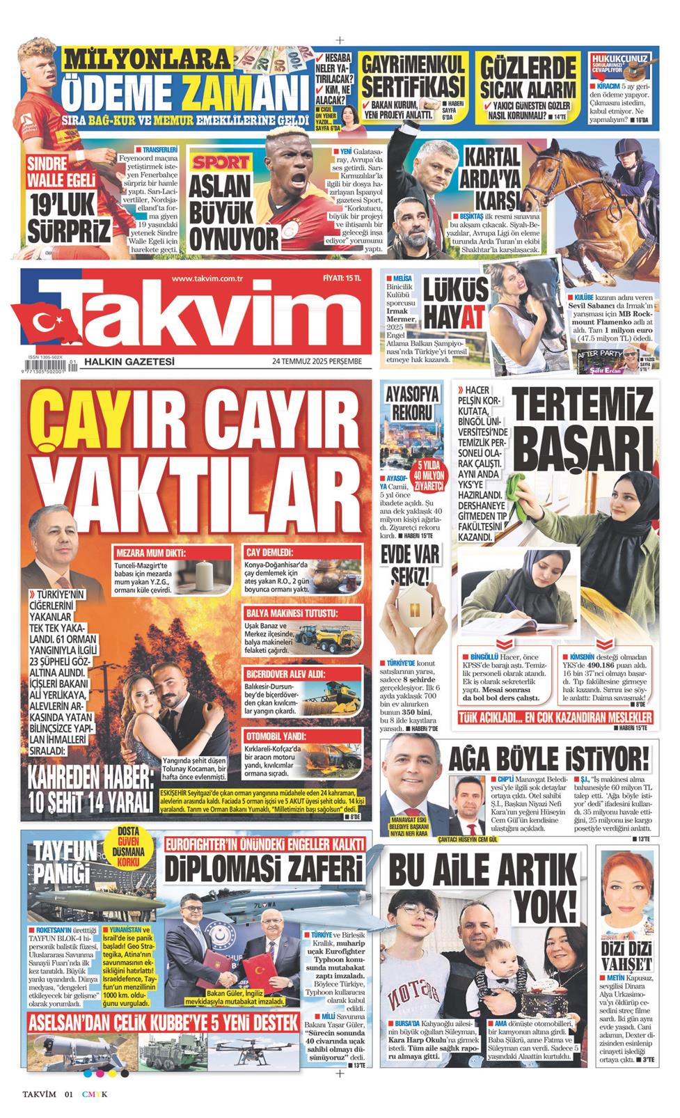 24 Temmuz 2025 Perşembe - Takvim gazetesi manşet