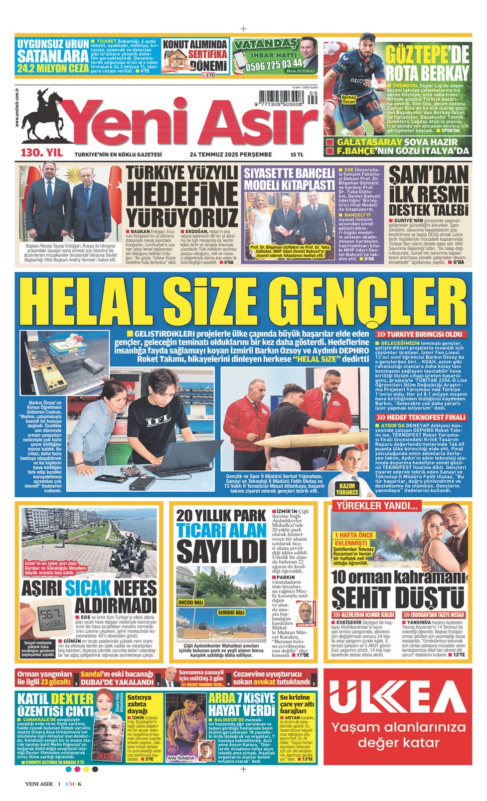 24 Temmuz 2025 Perşembe - Yeni Asır gazetesi manşet