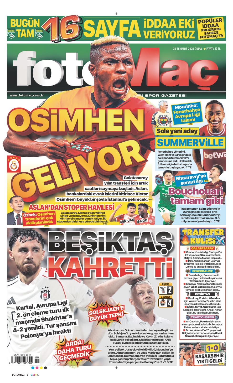 25 Temmuz 2025 Cuma - Fotomaç gazetesi manşet