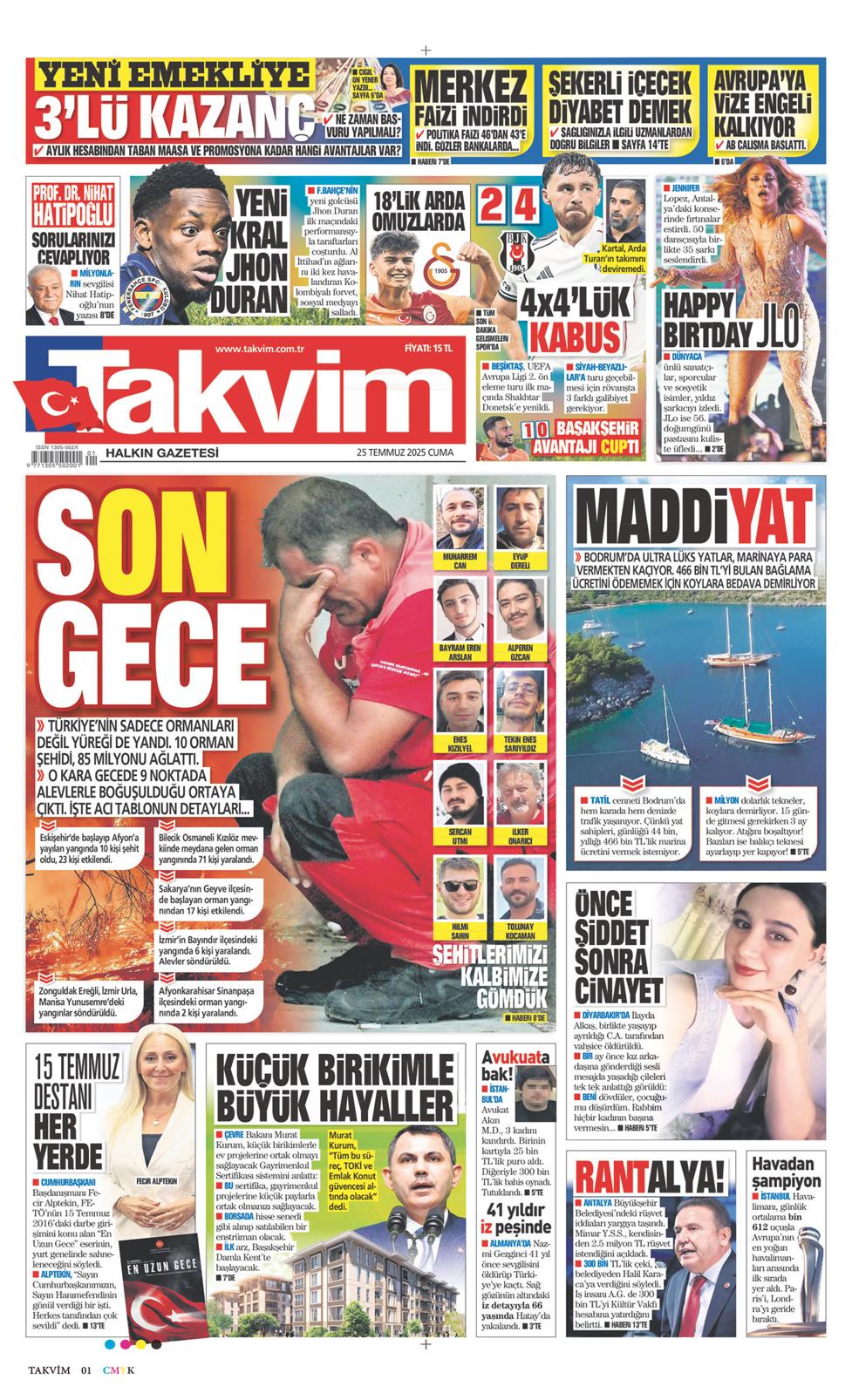 25 Temmuz 2025 Cuma - Takvim gazetesi manşet