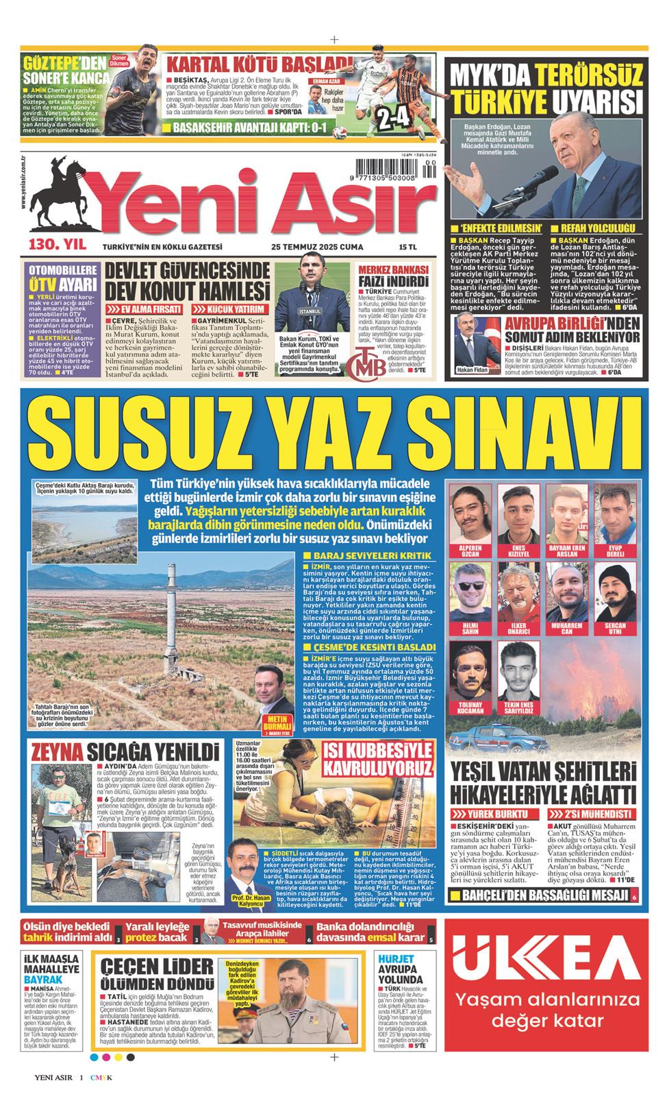 25 Temmuz 2025 Cuma - Yeni Asır gazetesi manşet
