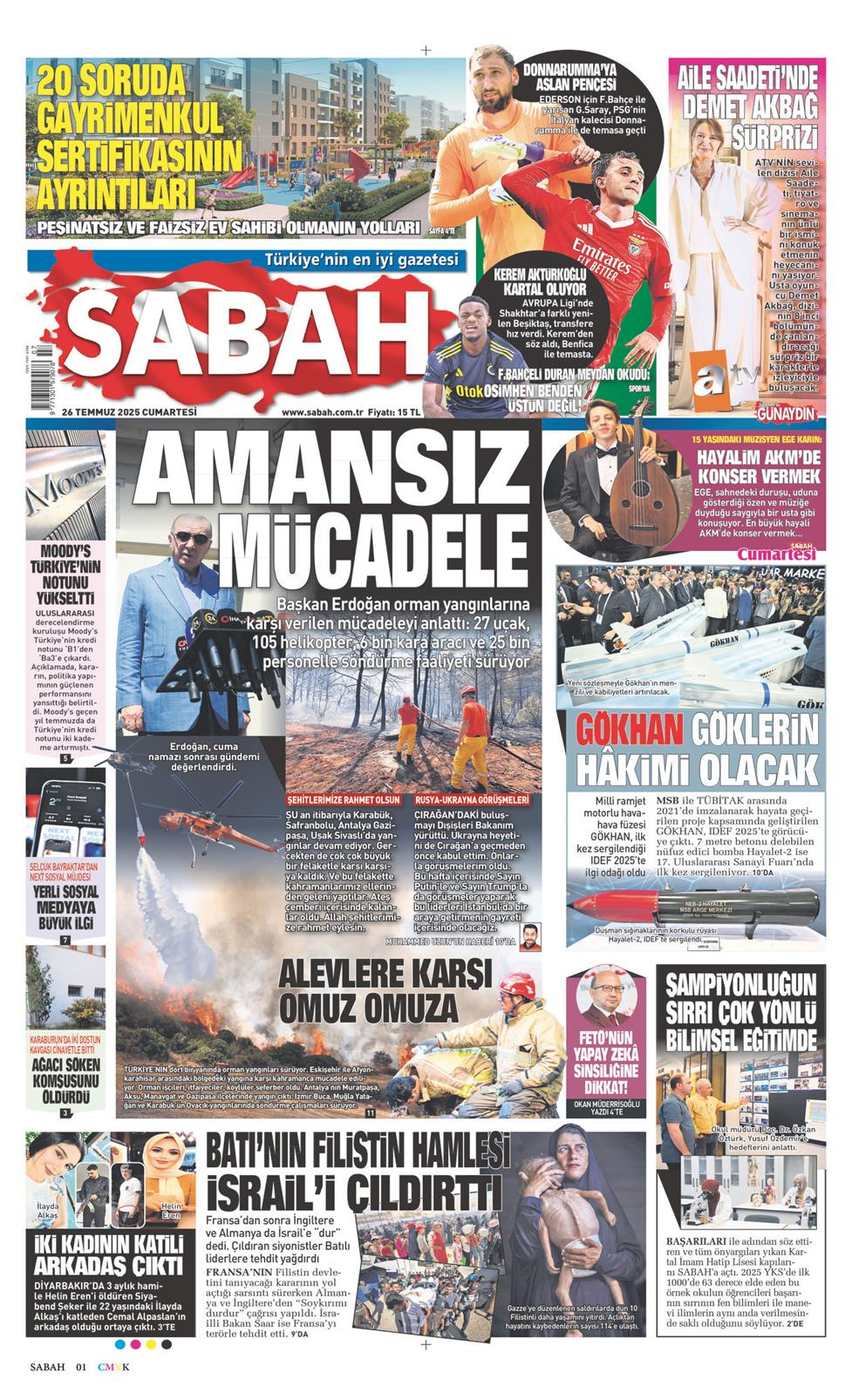 26 Temmuz 2025 Cumartesi - Sabah gazetesi manşet