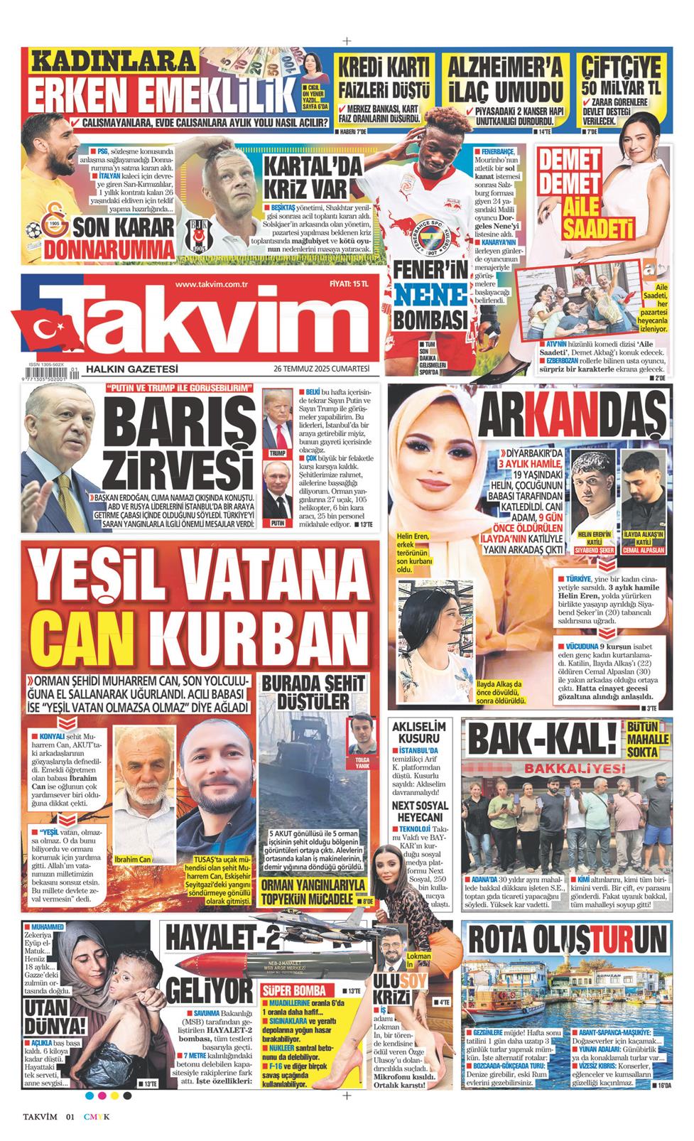 26 Temmuz 2025 Cumartesi - Takvim gazetesi manşet