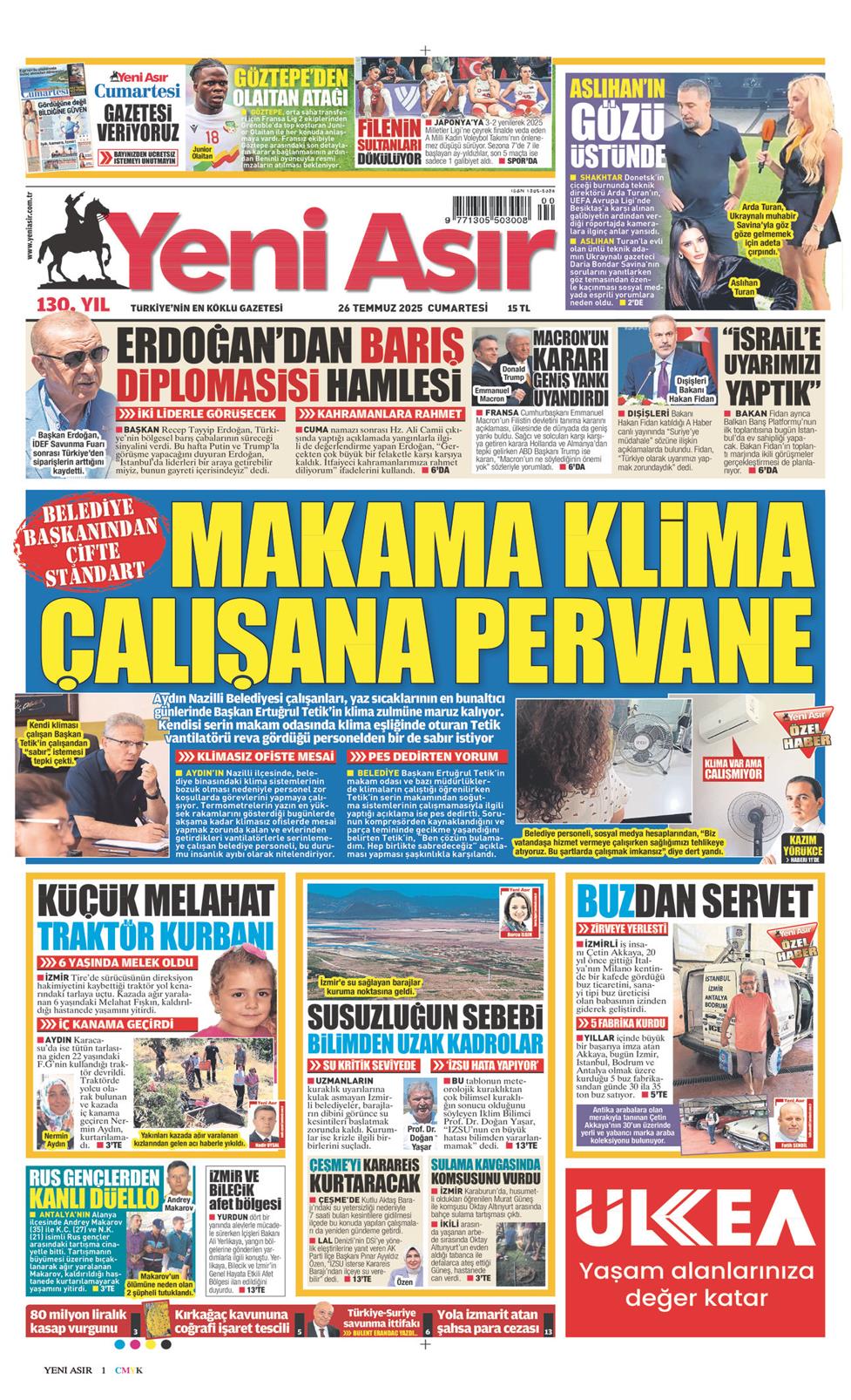 26 Temmuz 2025 Cumartesi - Yeni Asır gazetesi manşet
