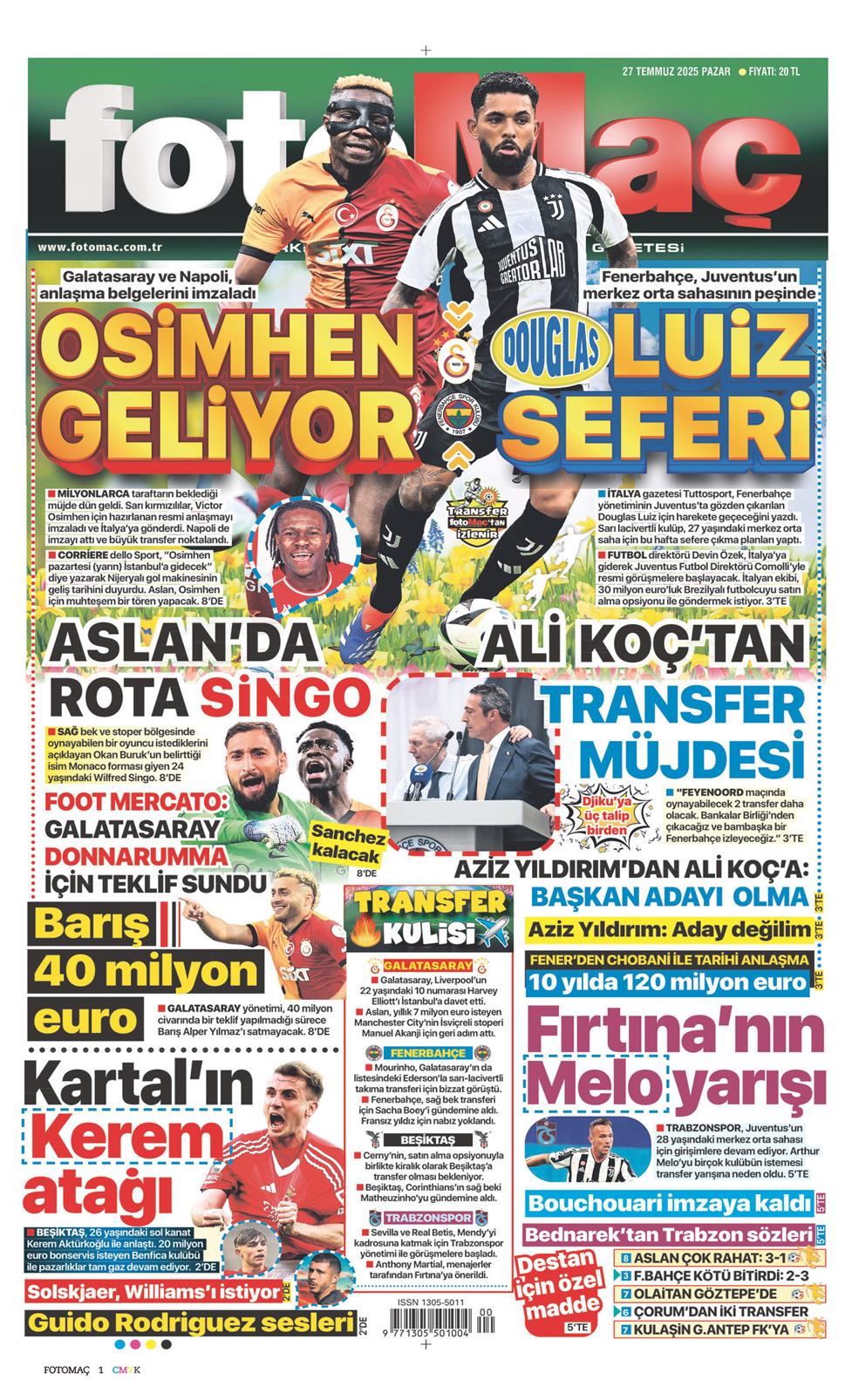 27 Temmuz 2025 Pazar - Fotomaç gazetesi manşet
