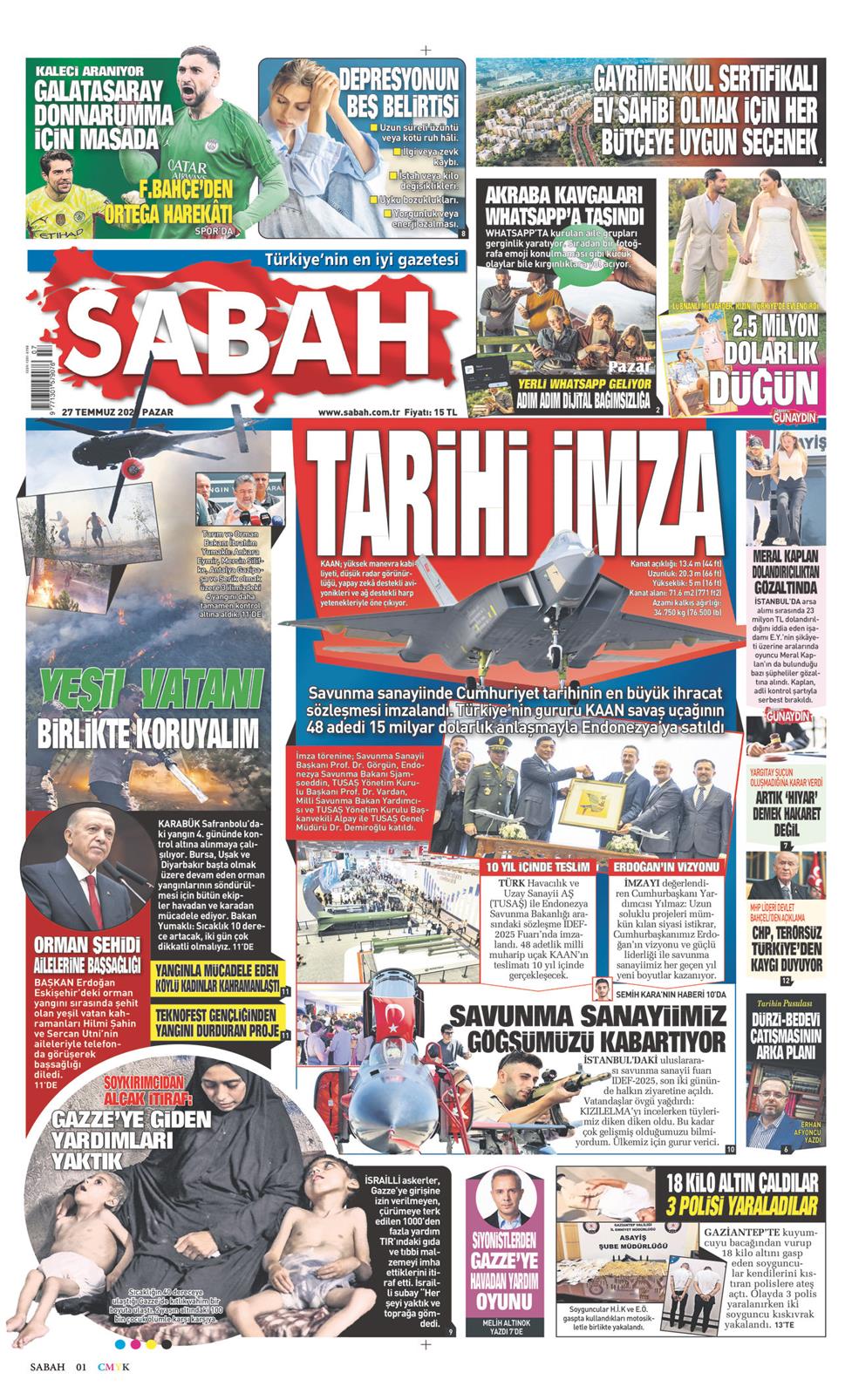27 Temmuz 2025 Pazar - Sabah gazetesi manşet