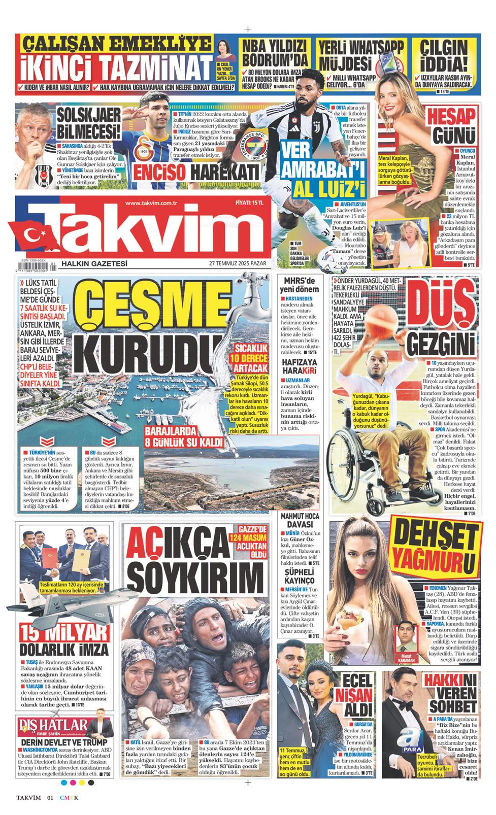 27 Temmuz 2025 Pazar - Takvim gazetesi manşet