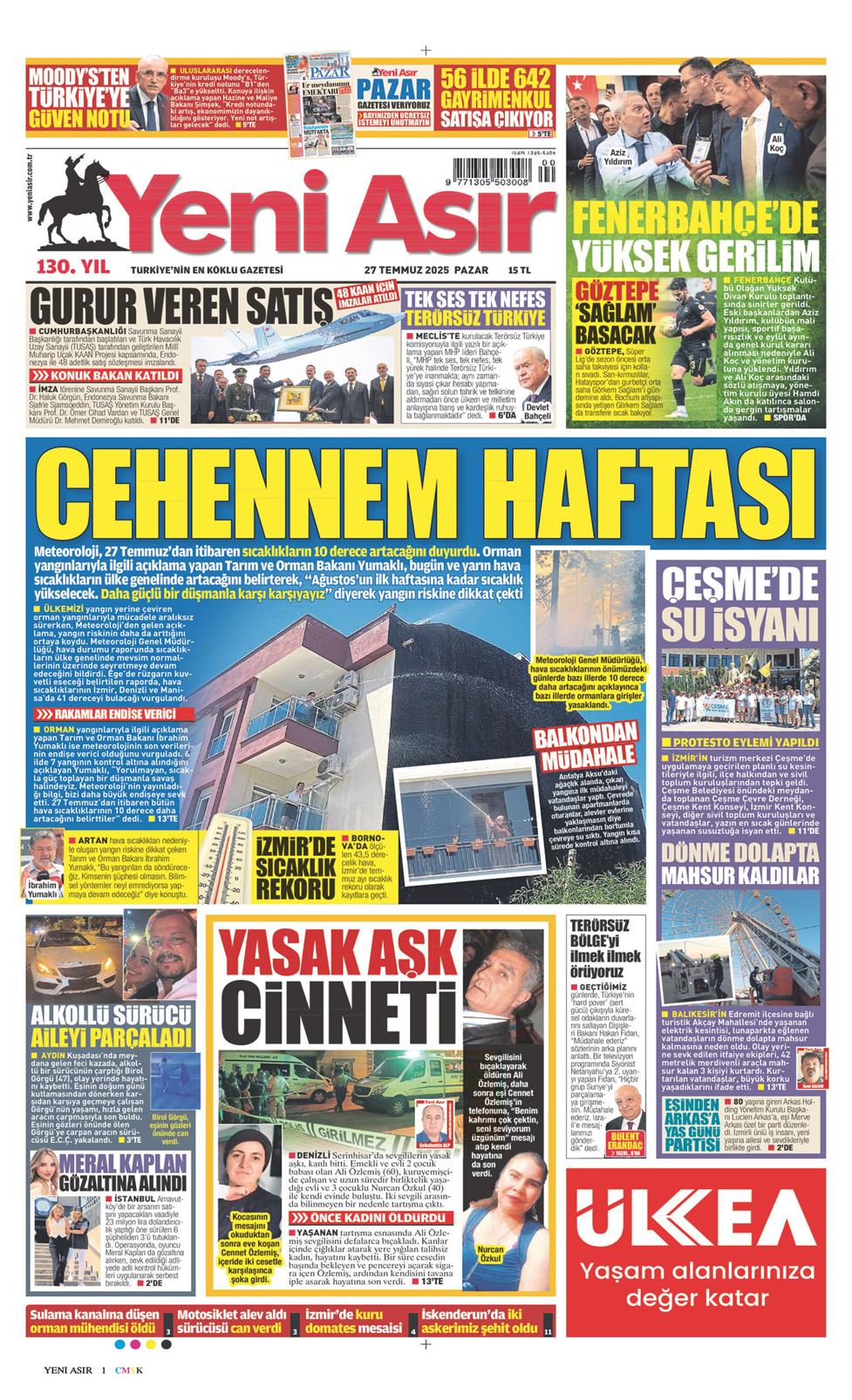 27 Temmuz 2025 Pazar - Yeni Asır gazetesi manşet