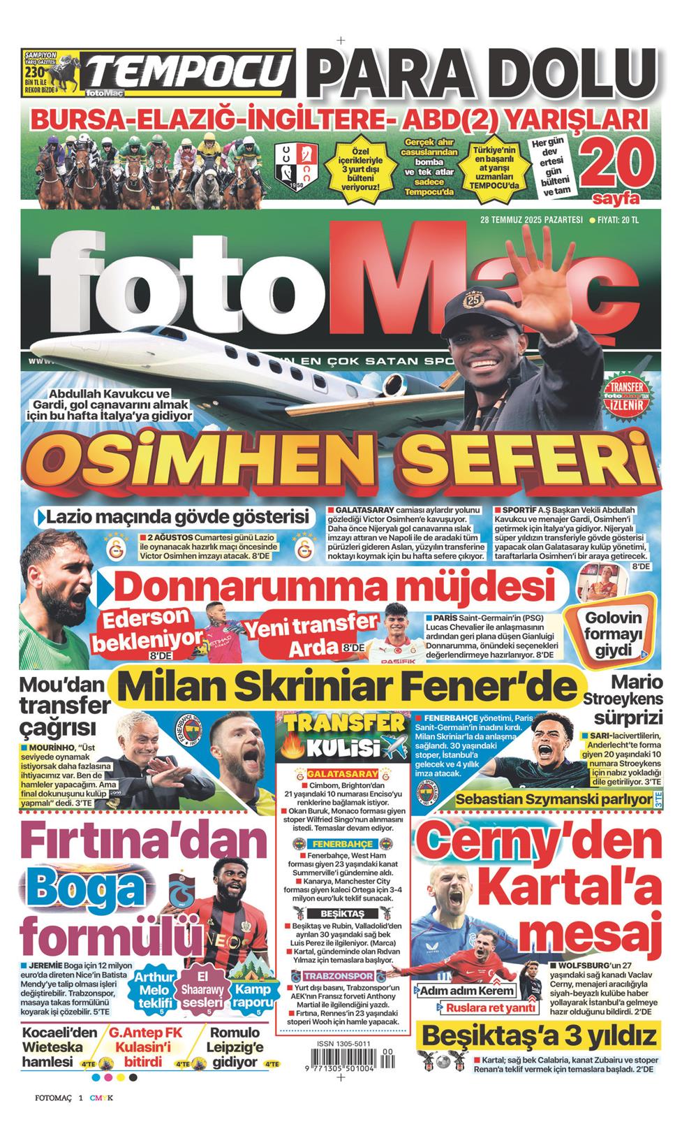 28 Temmuz 2025 Pazartesi - Fotomaç gazetesi manşet