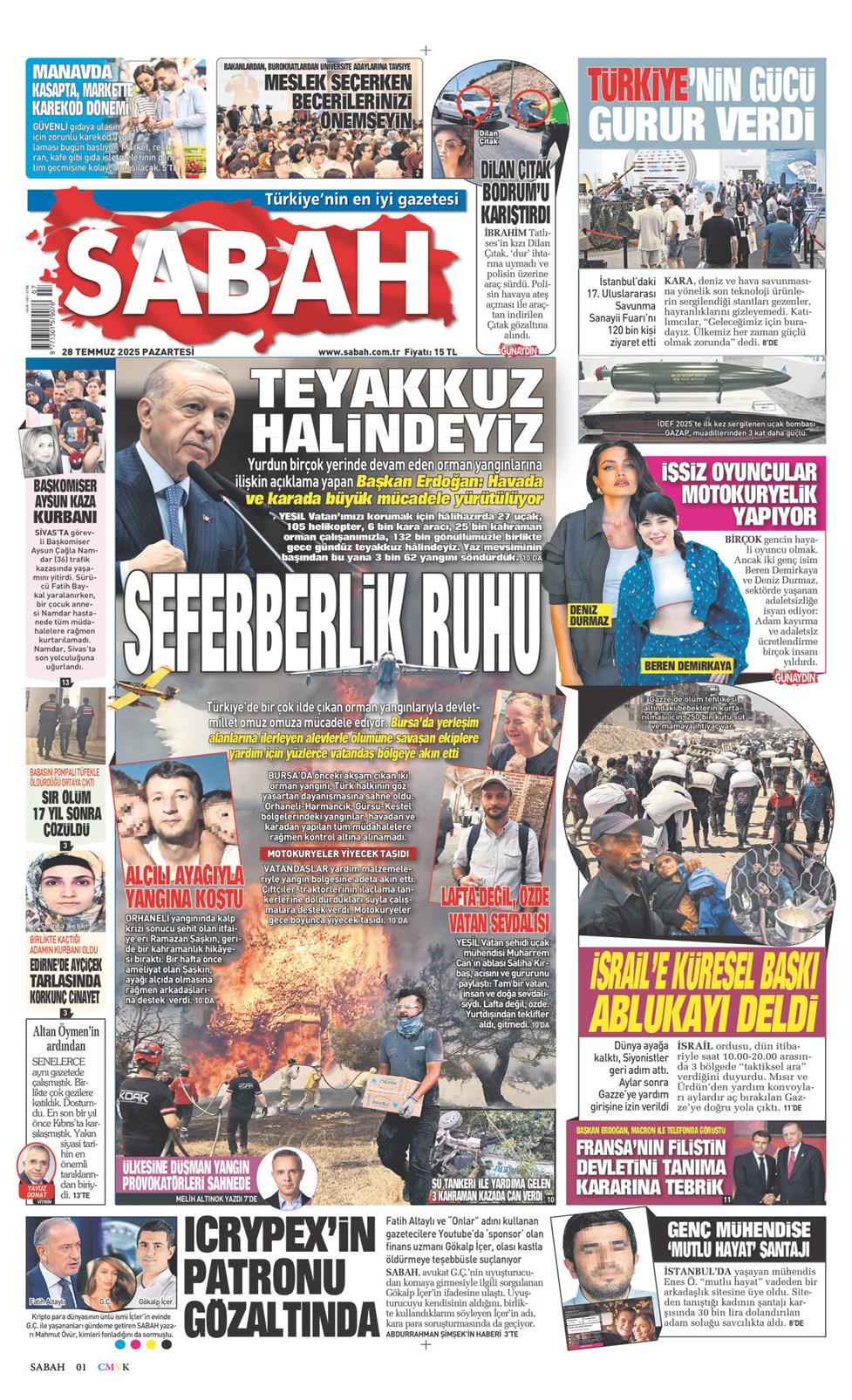 28 Temmuz 2025 Pazartesi - Sabah gazetesi manşet