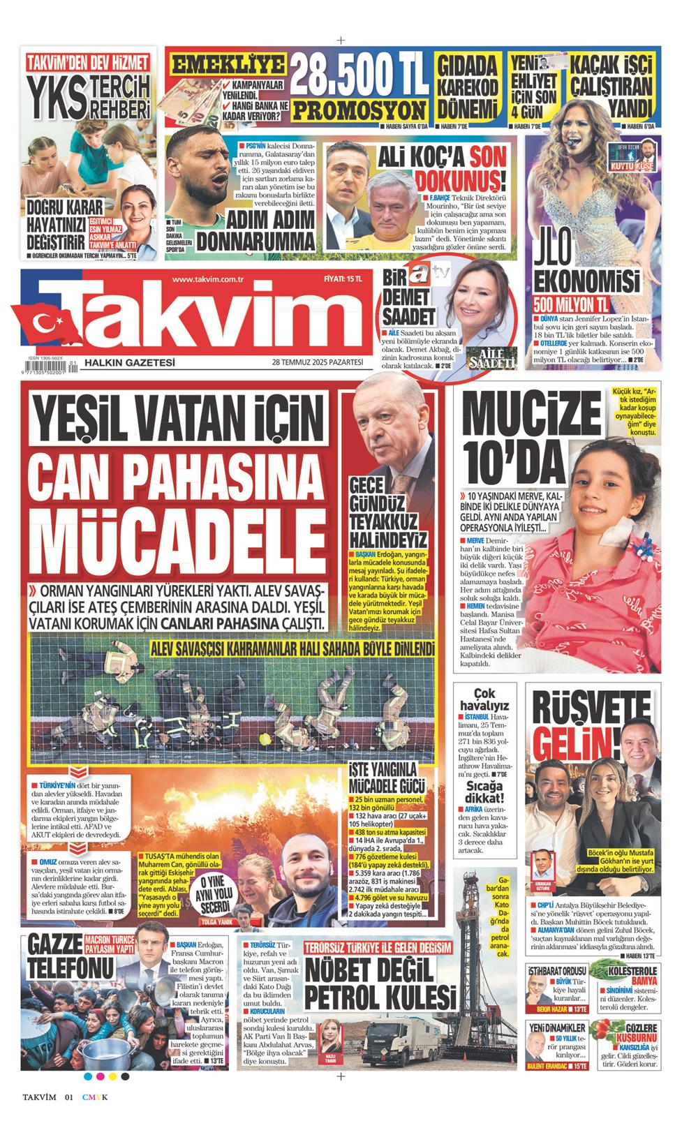 28 Temmuz 2025 Pazartesi - Takvim gazetesi manşet