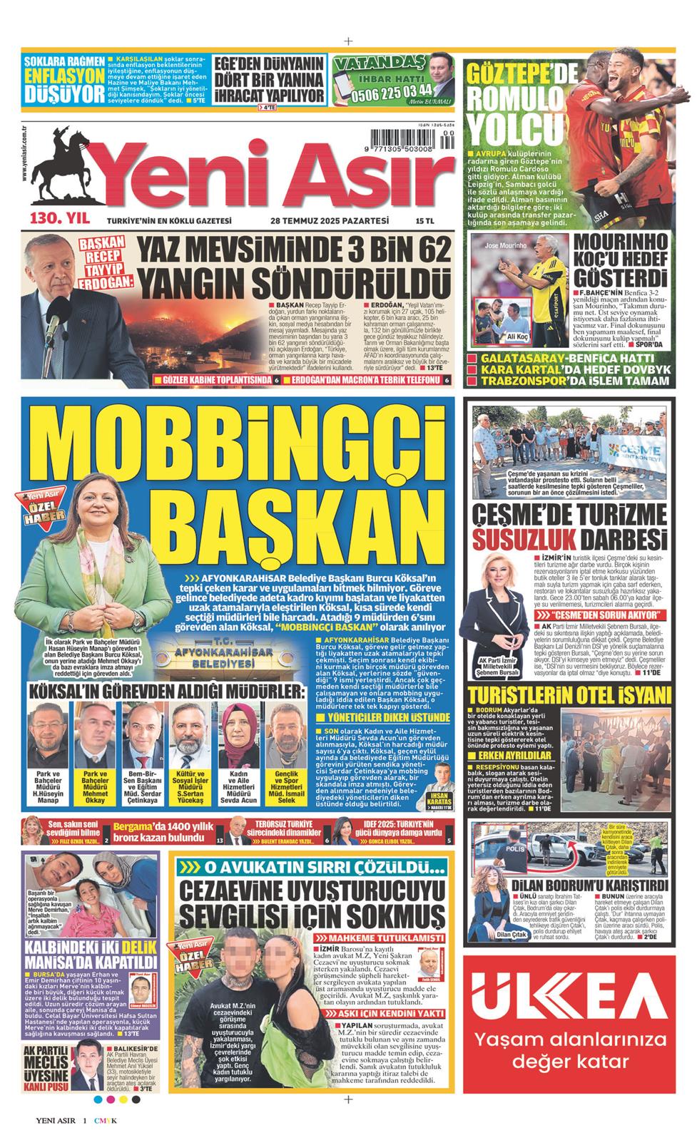 28 Temmuz 2025 Pazartesi - Yeni Asır gazetesi manşet