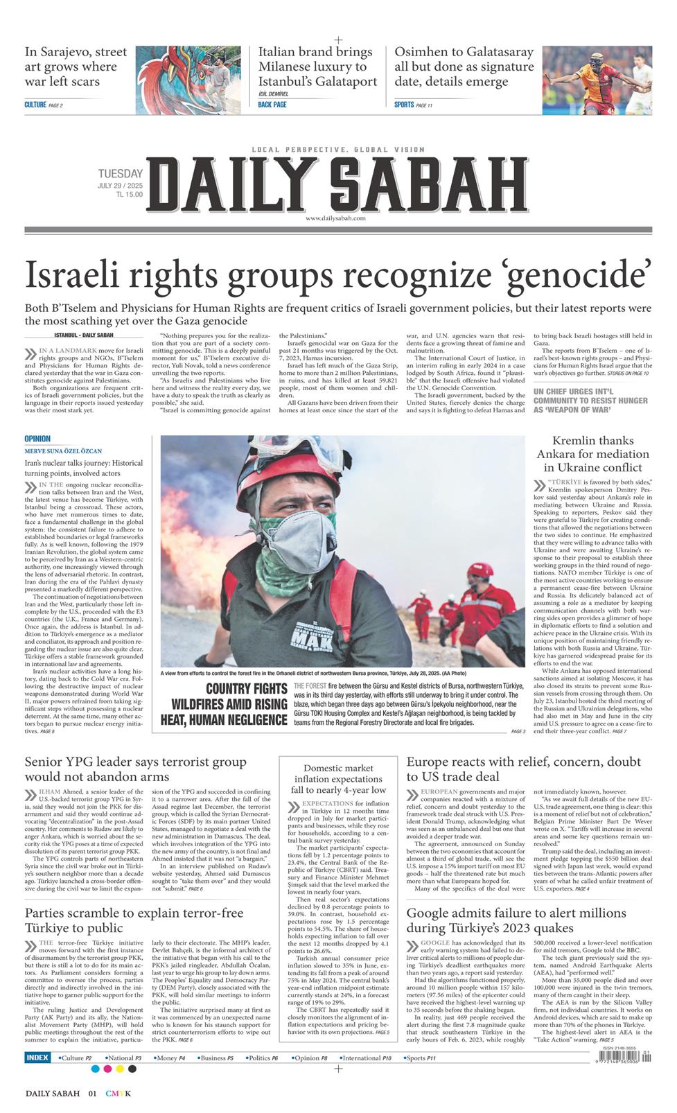 29 Temmuz 2025 Salı - Daily Sabah gazetesi manşet