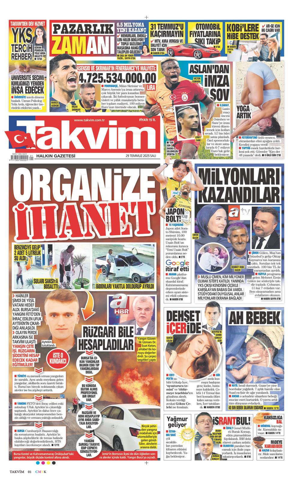 29 Temmuz 2025 Salı - Takvim gazetesi manşet