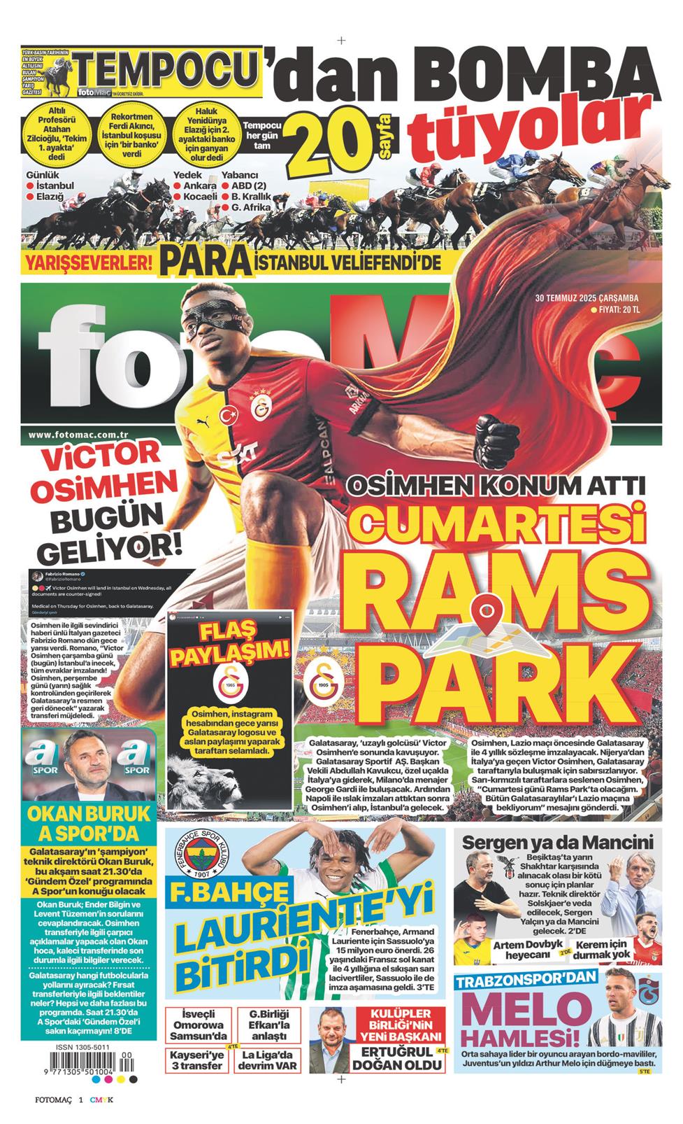 30 Temmuz 2025 Çarşamba - Fotomaç gazetesi manşet