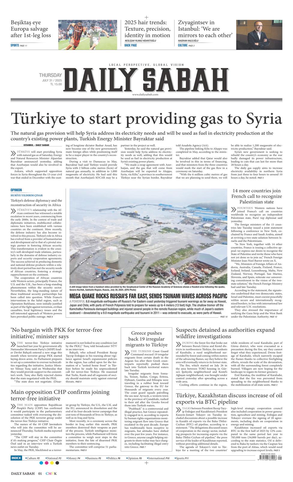 31 Temmuz 2025 Perşembe - Daily Sabah gazetesi manşet