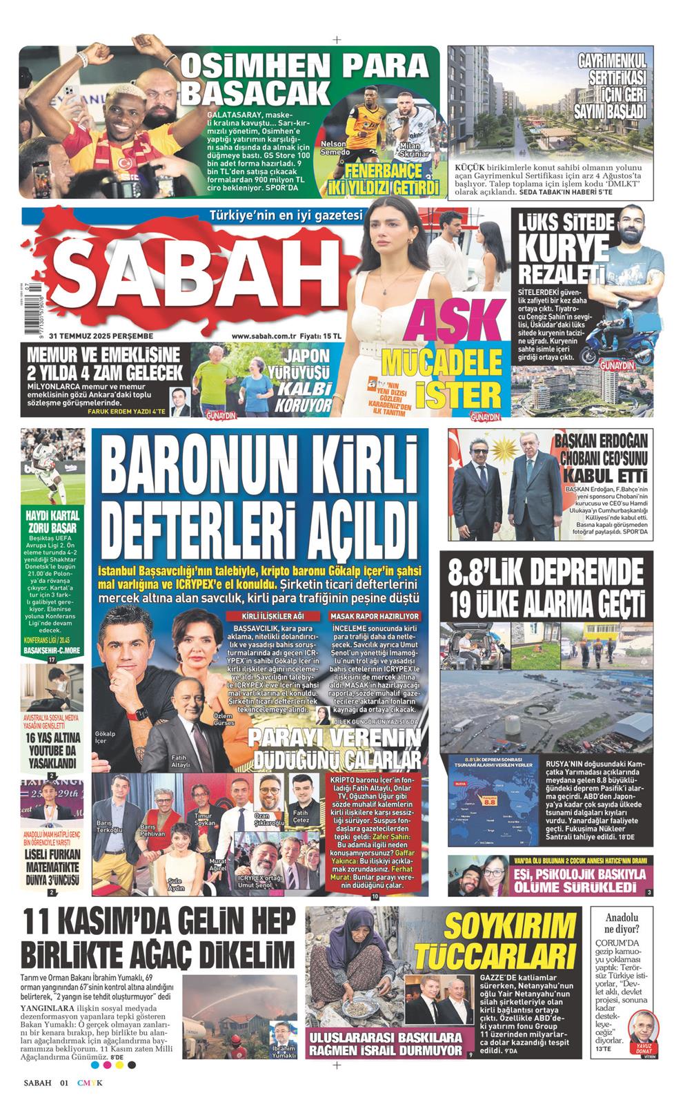 31 Temmuz 2025 Perşembe - Sabah gazetesi manşet