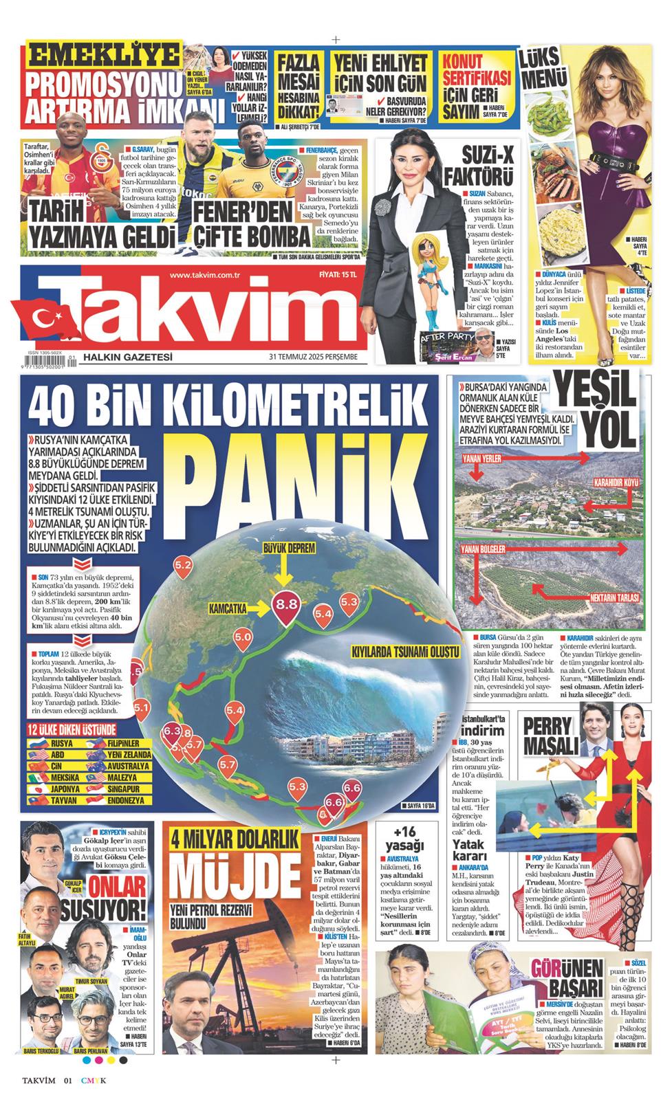 31 Temmuz 2025 Perşembe - Takvim gazetesi manşet