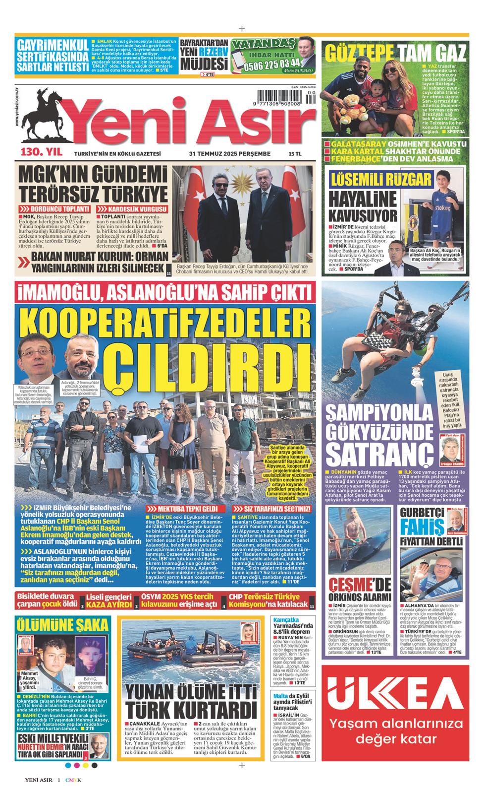 31 Temmuz 2025 Perşembe - Yeni Asır gazetesi manşet