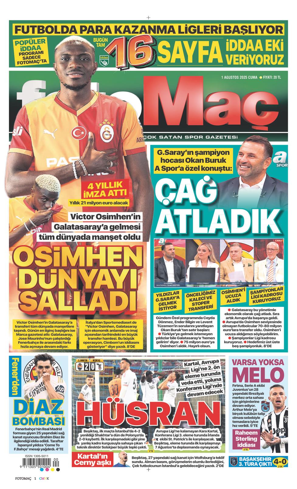 01 Ağustos 2025 Cuma - Fotomaç gazetesi manşet