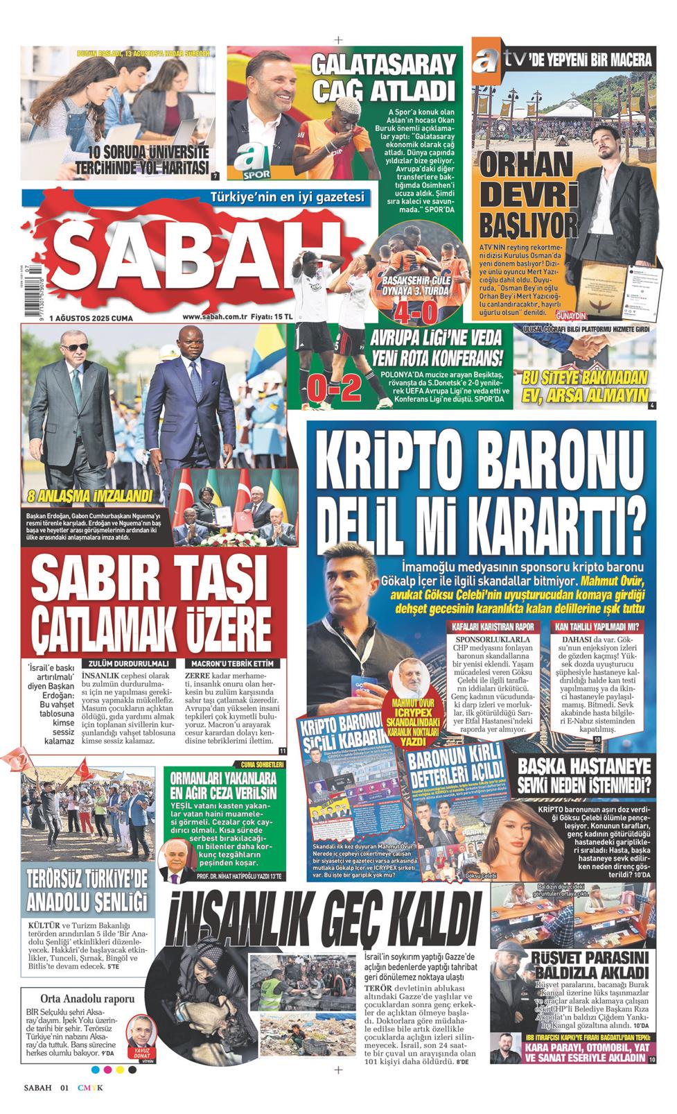 01 Ağustos 2025 Cuma - Sabah gazetesi manşet