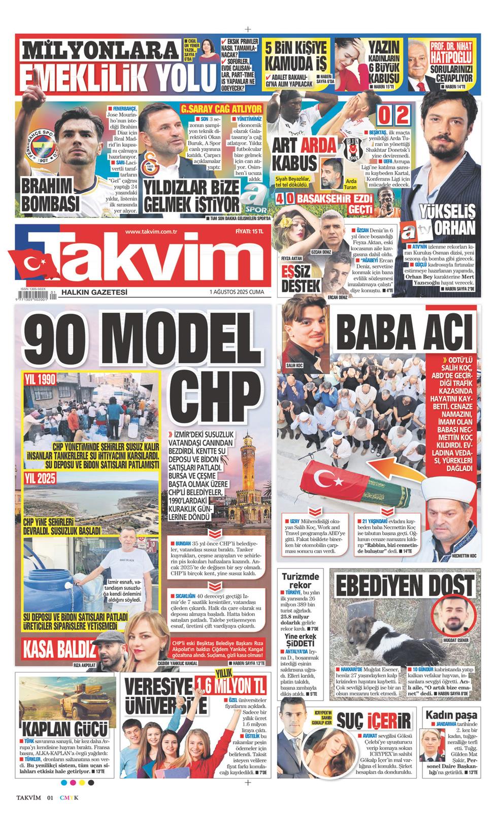 01 Ağustos 2025 Cuma - Takvim gazetesi manşet