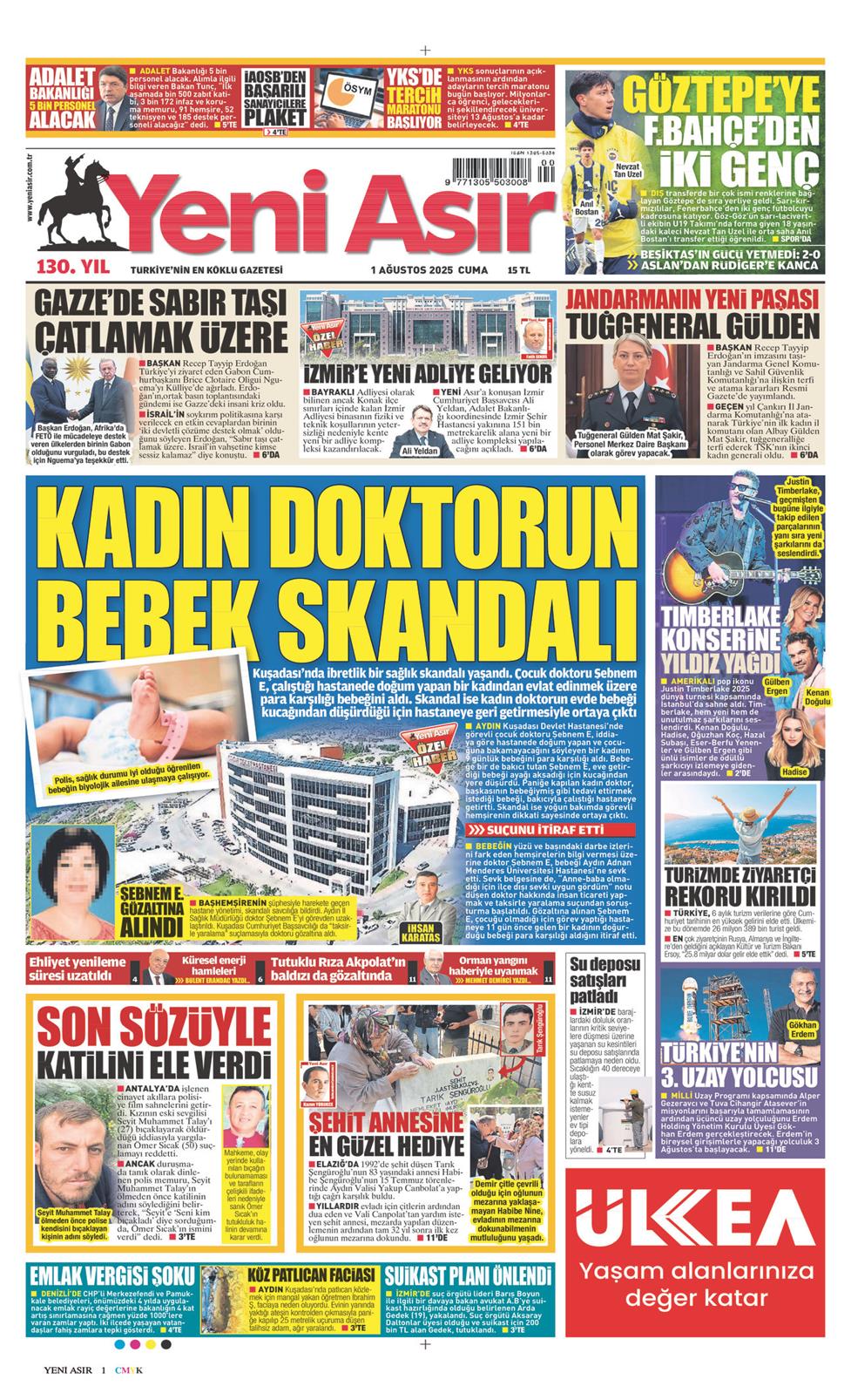01 Ağustos 2025 Cuma - Yeni Asır gazetesi manşet