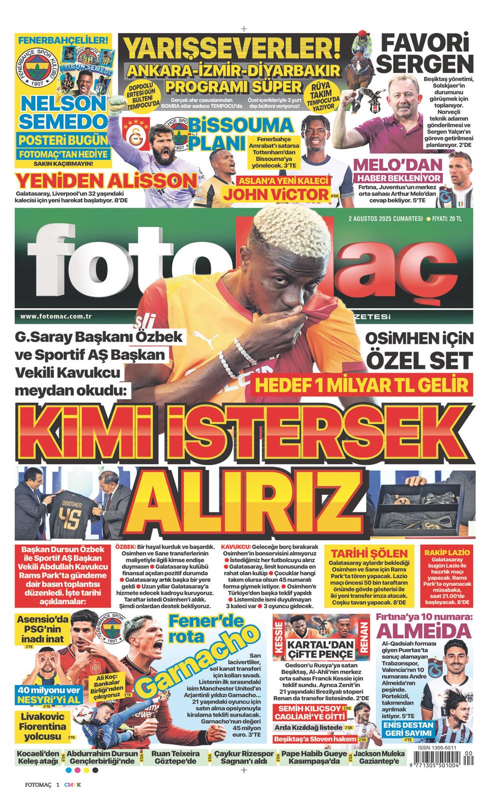02 Ağustos 2025 Cumartesi - Fotomaç gazetesi manşet