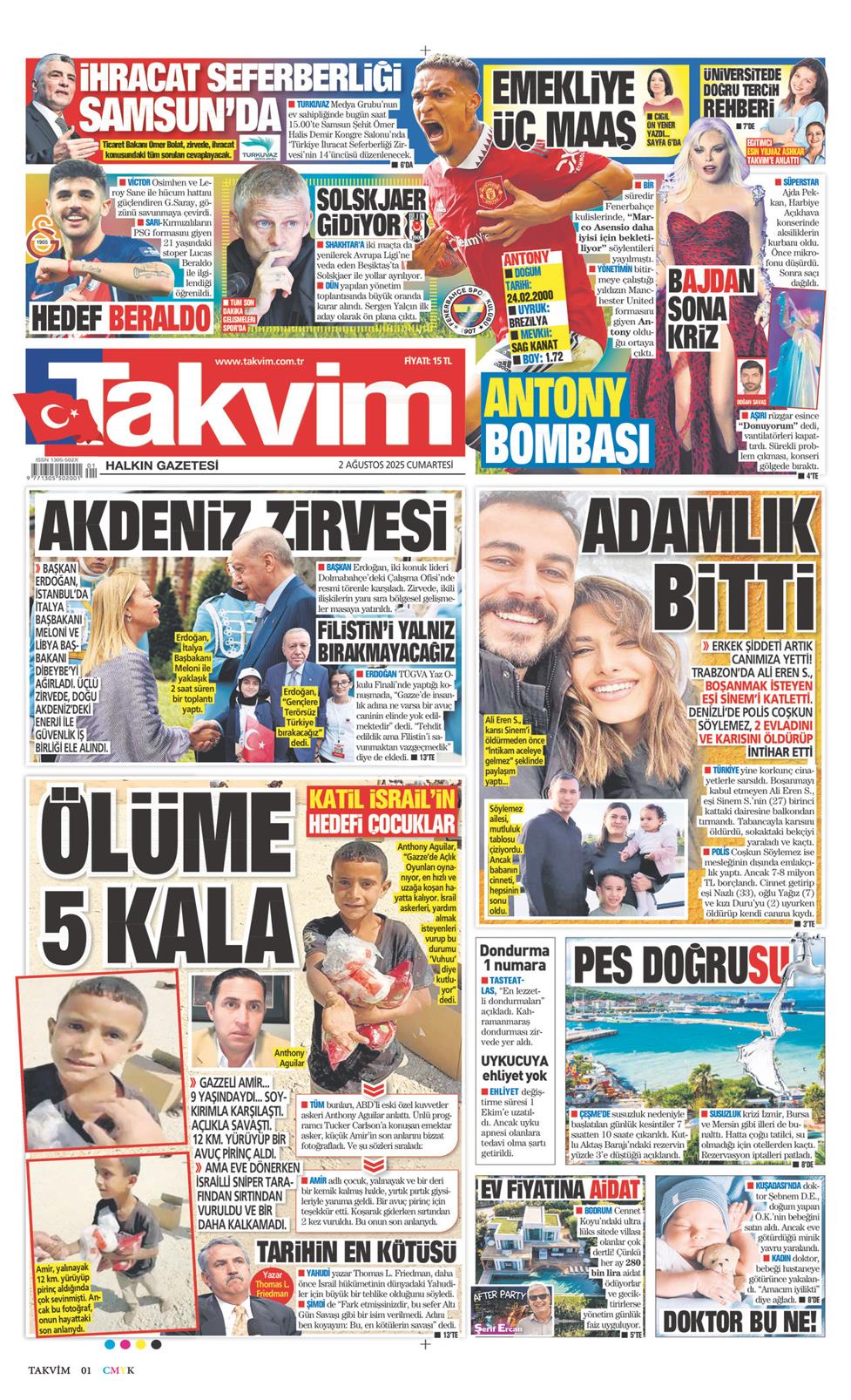02 Ağustos 2025 Cumartesi - Takvim gazetesi manşet