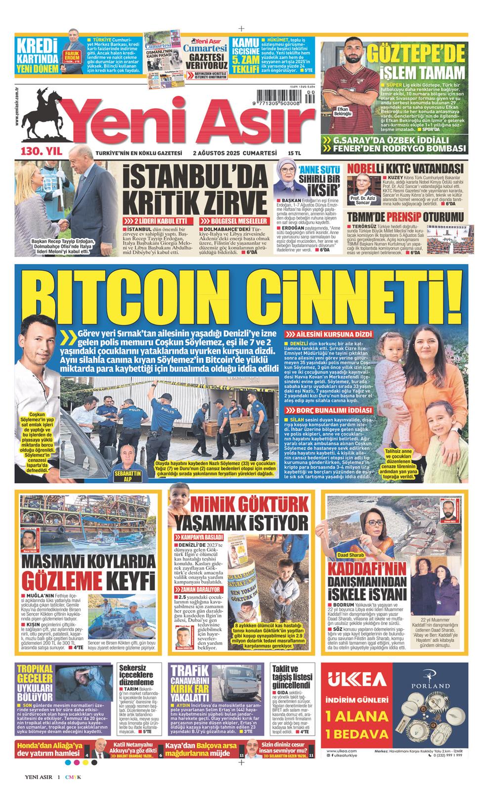 02 Ağustos 2025 Cumartesi - Yeni Asır gazetesi manşet