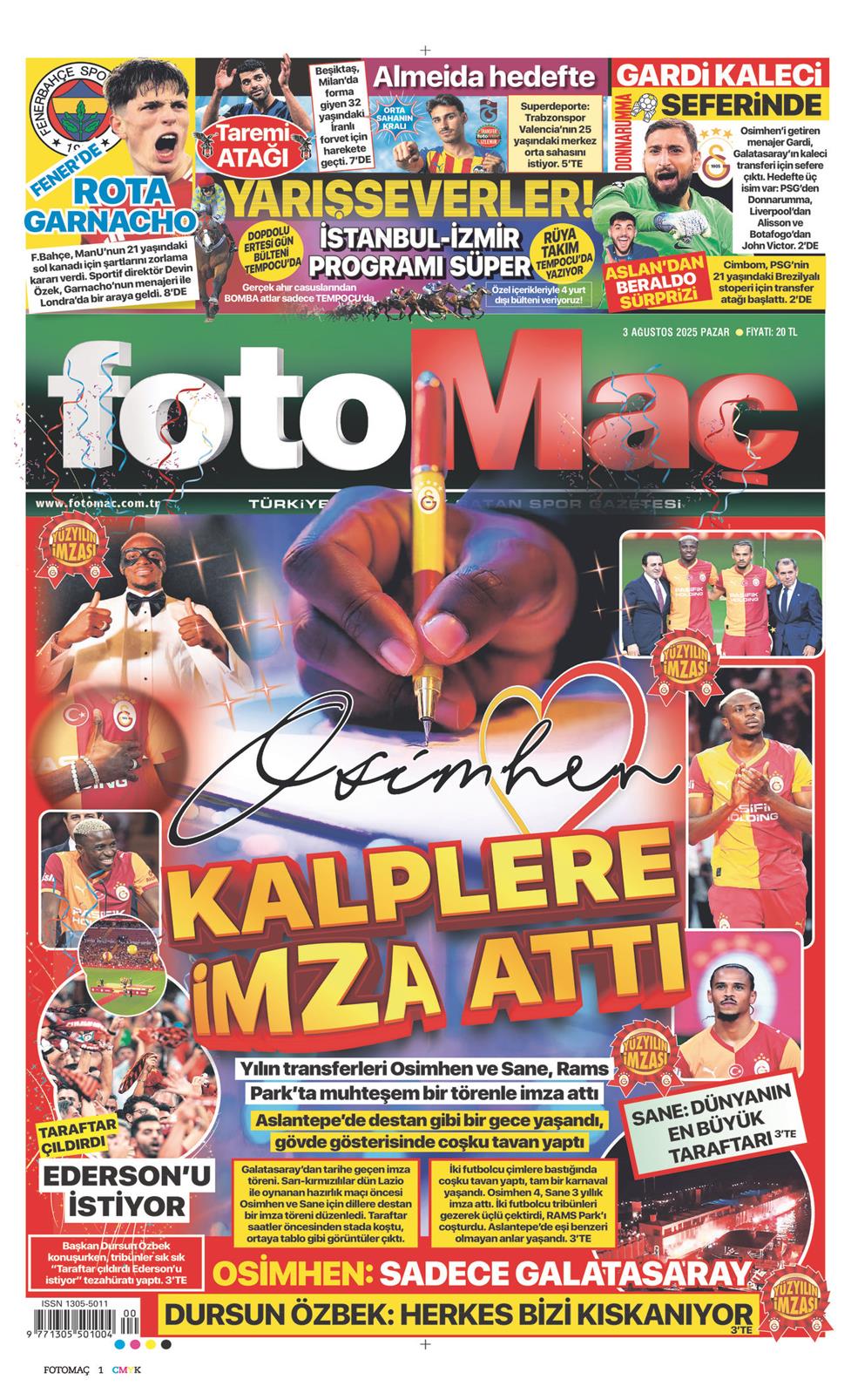 03 Ağustos 2025 Pazar - Fotomaç gazetesi manşet
