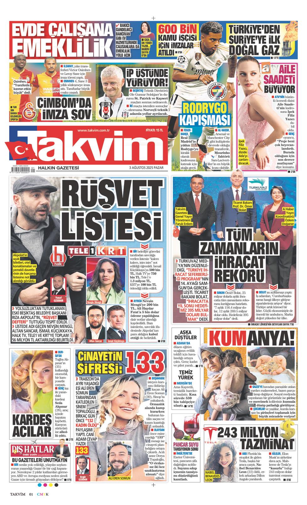 03 Ağustos 2025 Pazar - Takvim gazetesi manşet