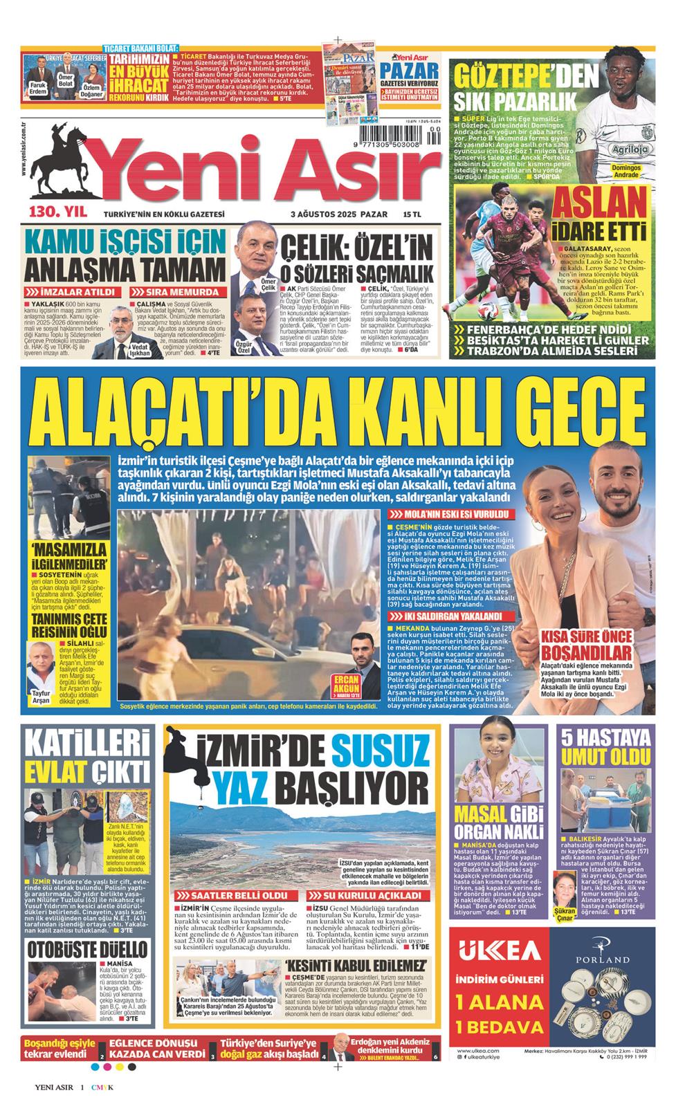 03 Ağustos 2025 Pazar - Yeni Asır gazetesi manşet