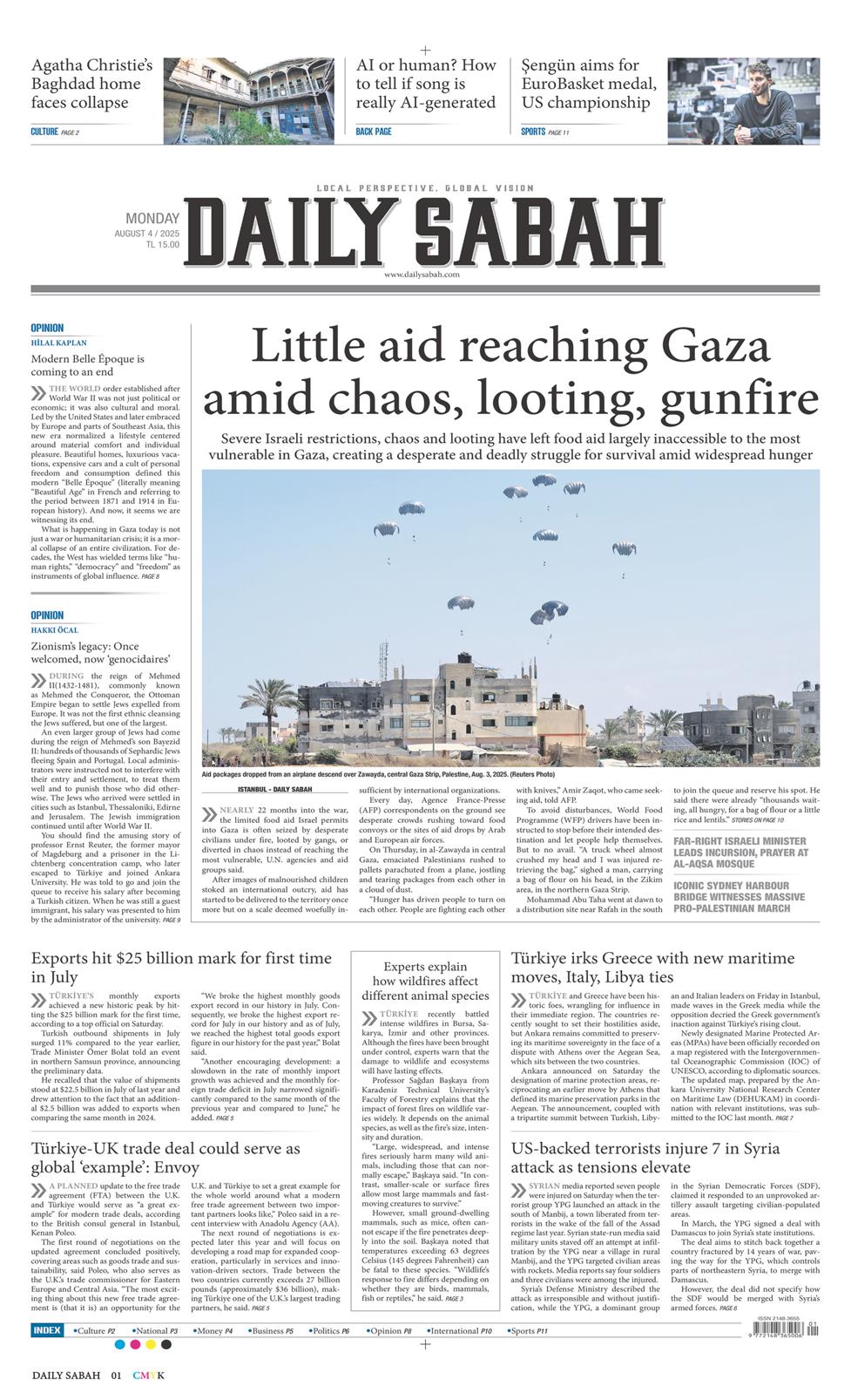 04 Ağustos 2025 Pazartesi - Daily Sabah gazetesi manşet