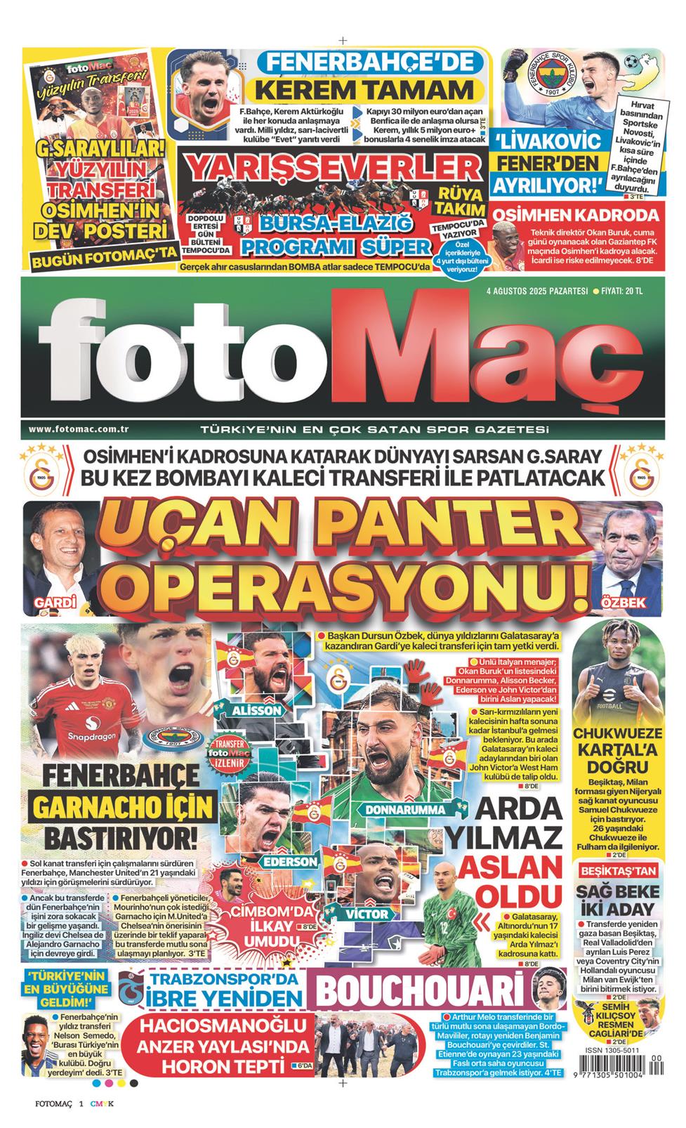 04 Ağustos 2025 Pazartesi - Fotomaç gazetesi manşet