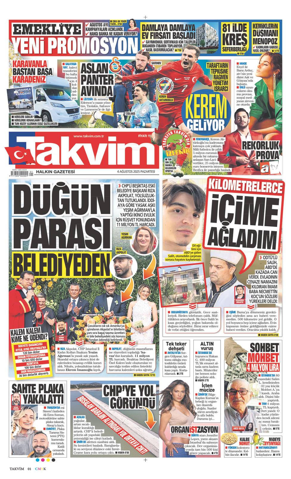 04 Ağustos 2025 Pazartesi - Takvim gazetesi manşet